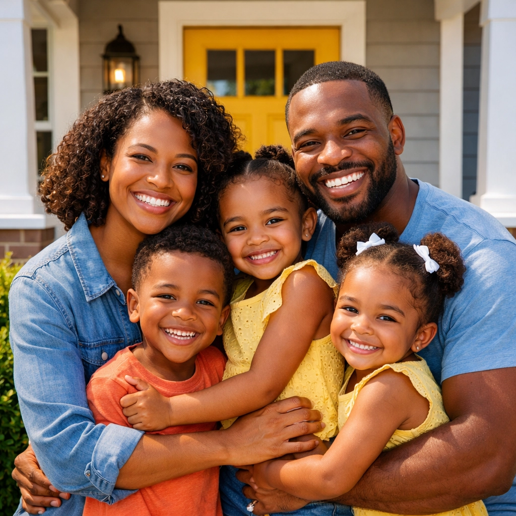 A happy Black family stands in front of their repaired home following South Jersey disaster recovery.