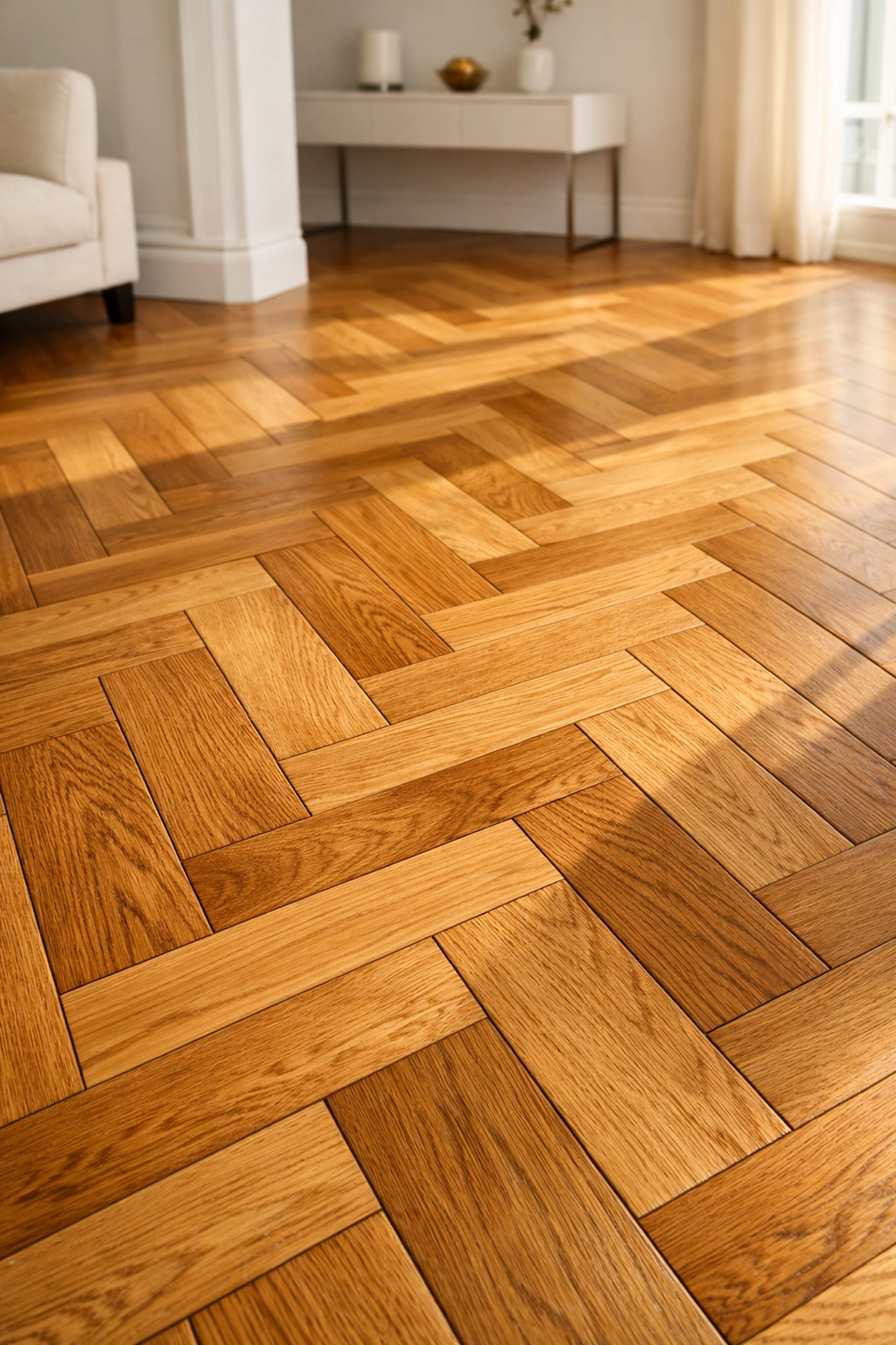 Herringbone hardwood floor pattern in warm oak tones in modern Chicago home