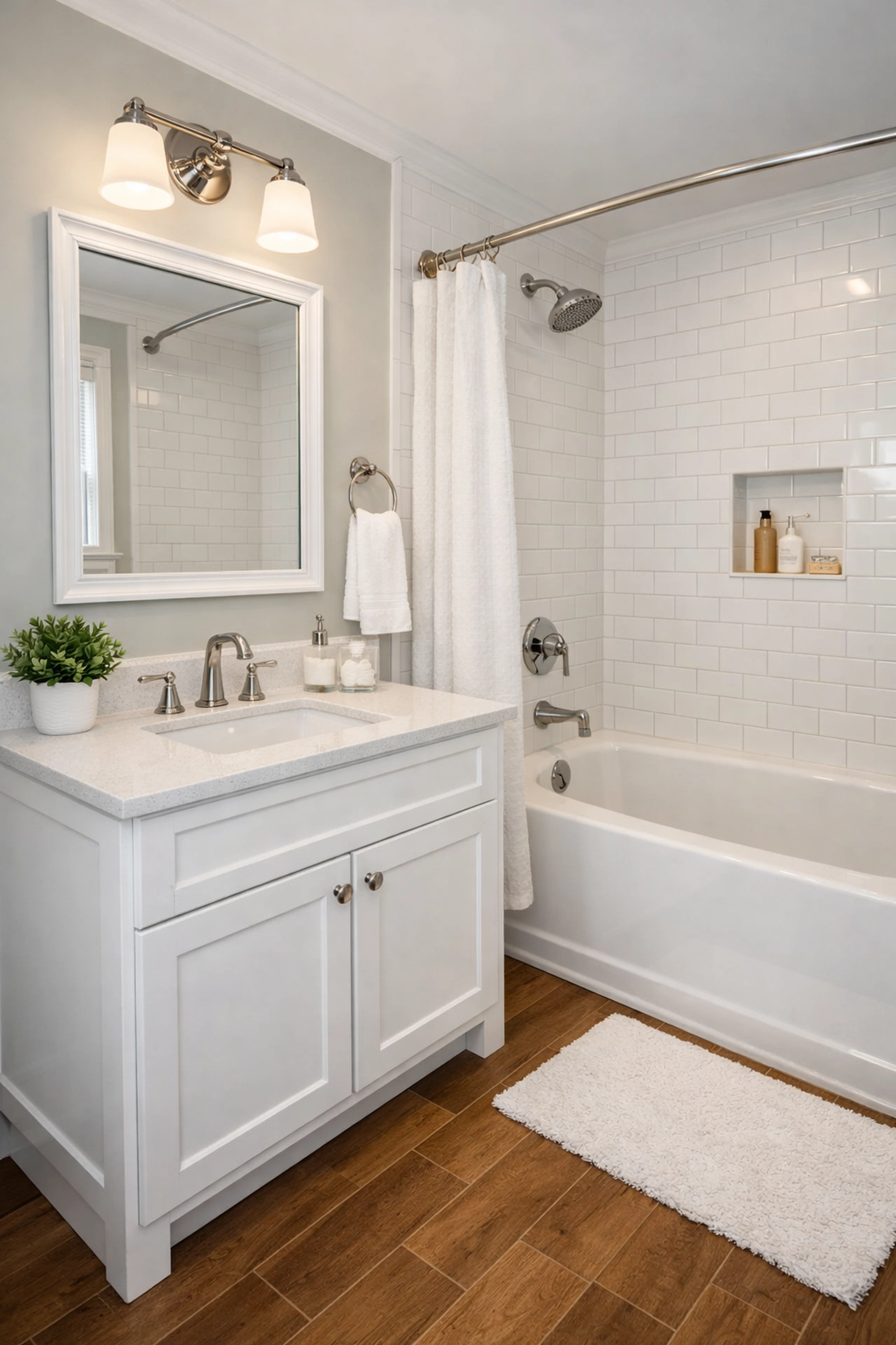 Modern bathroom remodeling Bay Village featuring a white quartz vanity and wood-look porcelain floors.