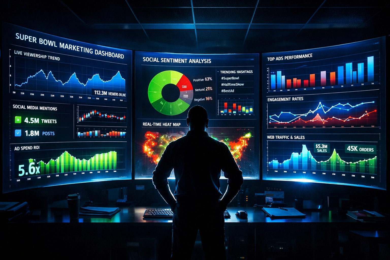 Data analytics dashboard tracking real-time Super Bowl marketing metrics and audience engagement
