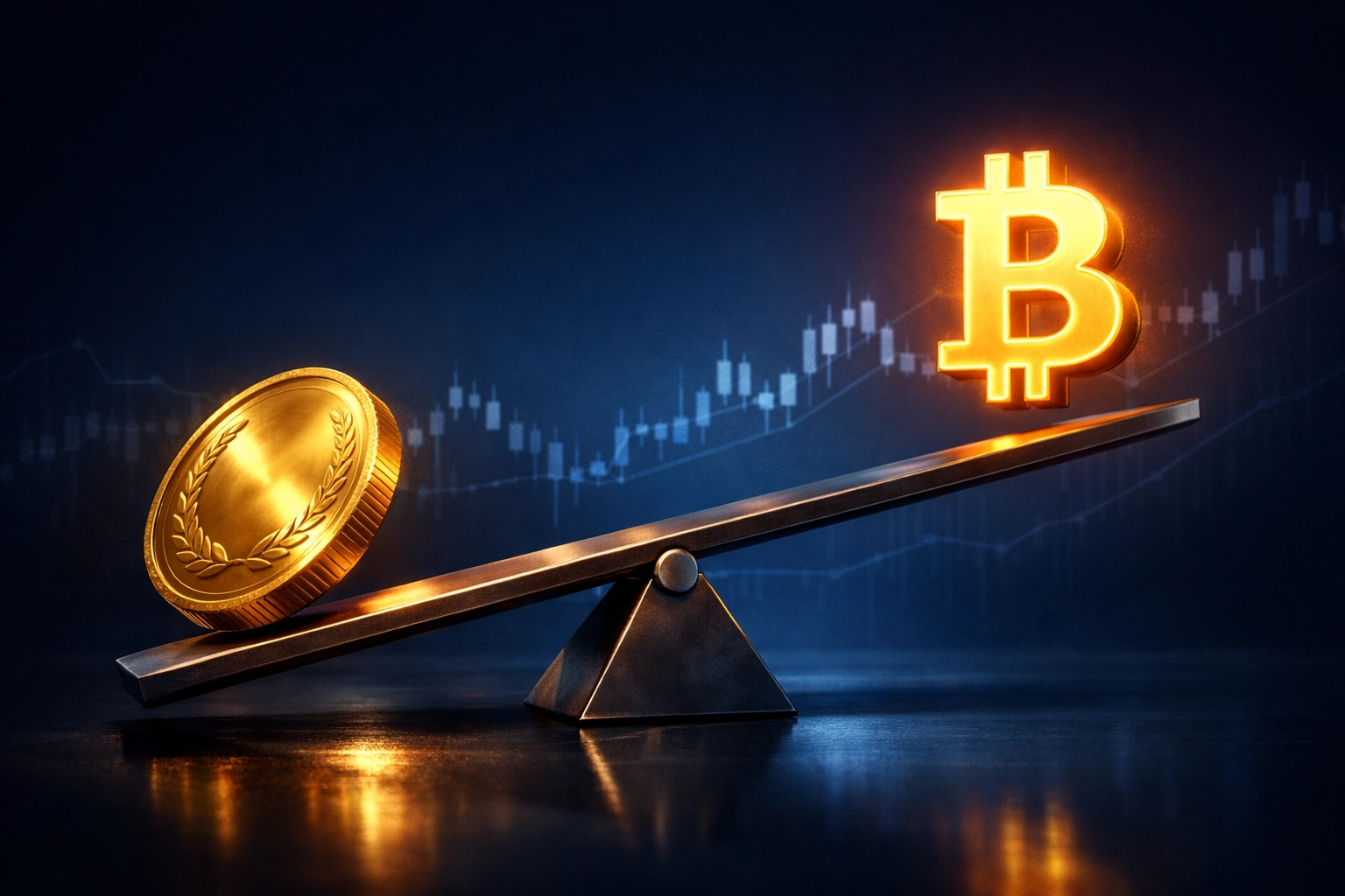Gold outweighs Bitcoin on balance scale showing 2026 performance gap