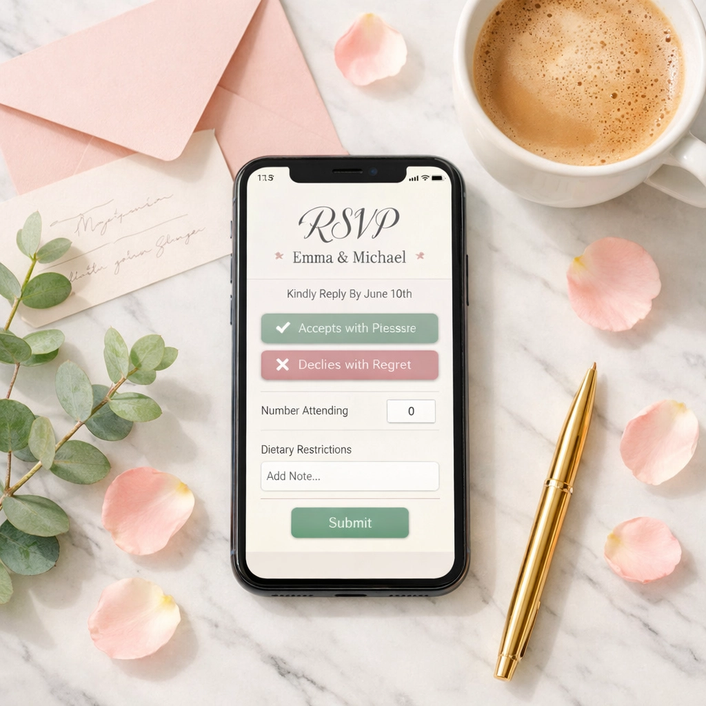 Digital wedding RSVP system on smartphone with elegant wedding planning stationery