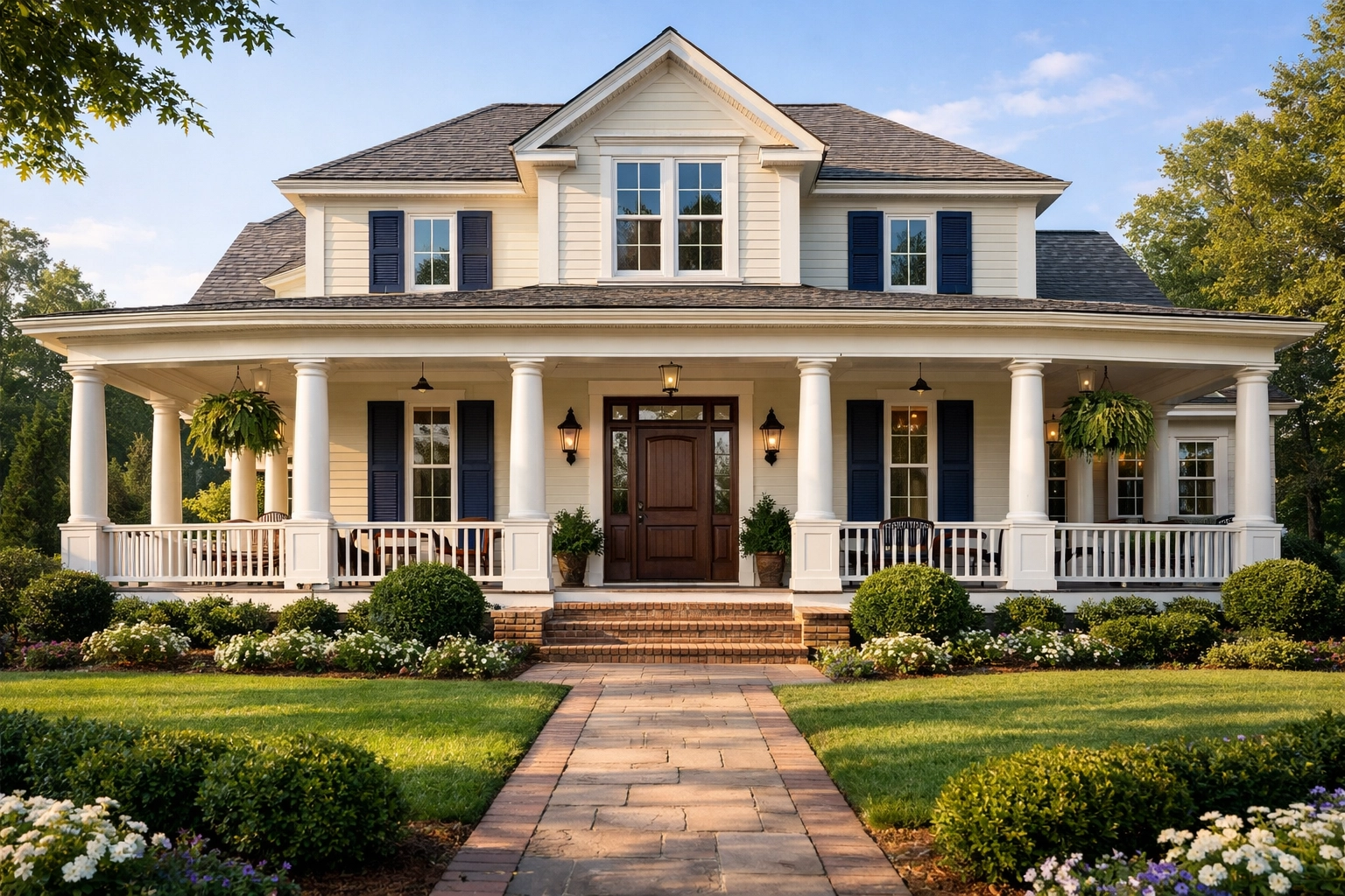 Classic Atlanta home with freshly painted cream siding, navy shutters, and a welcoming Southern porch.
