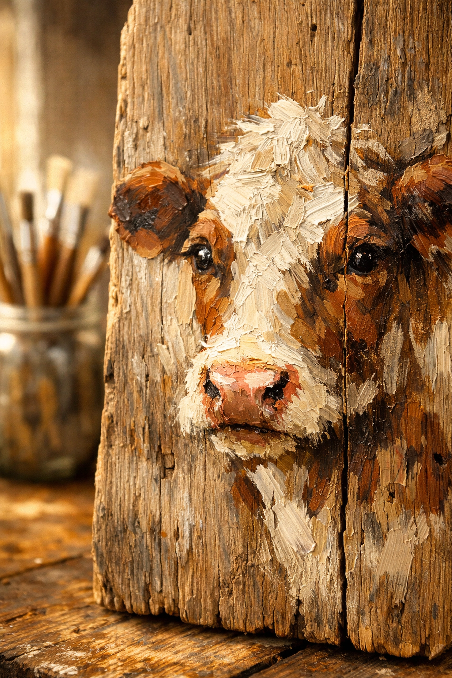 Hand-painted cow portrait on reclaimed wood showing unique artisan brushstrokes and texture.