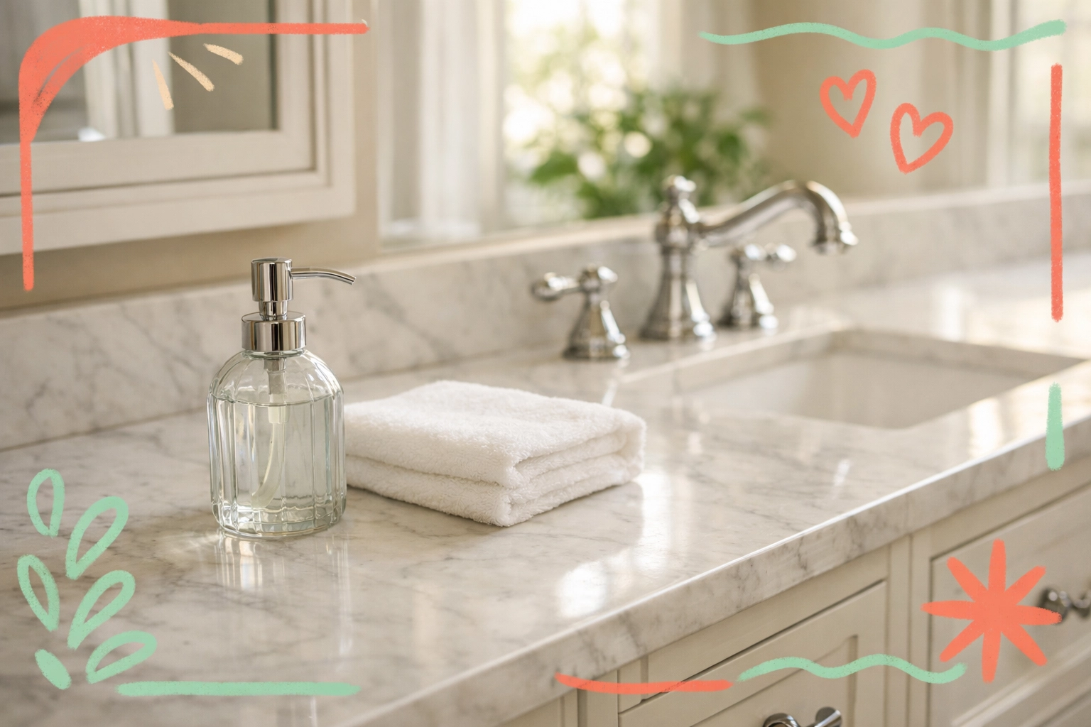 Decluttered bathroom vanity with clear marble counters staged for home sale
