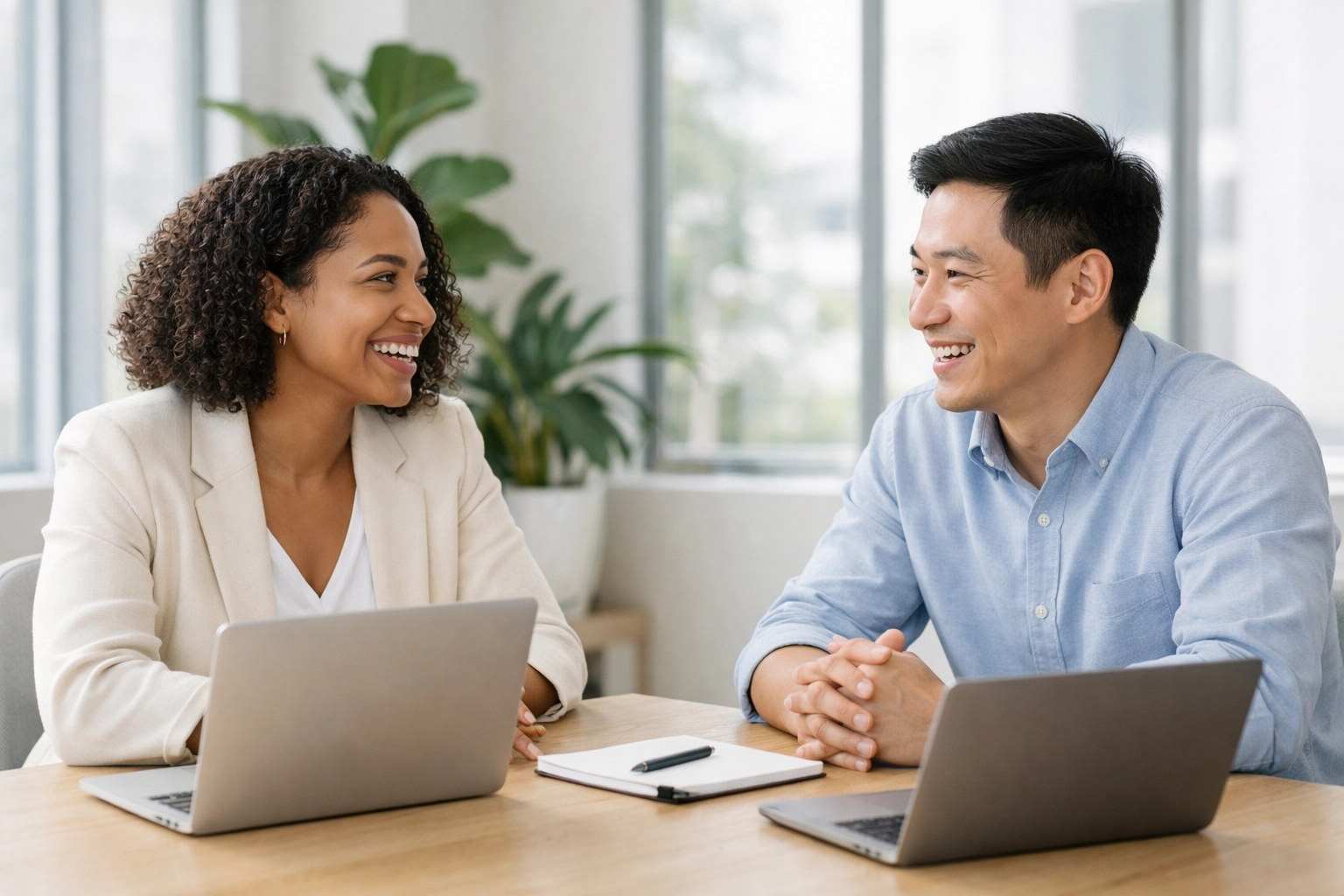 Two professionals in authentic conversation demonstrating trust-building leadership