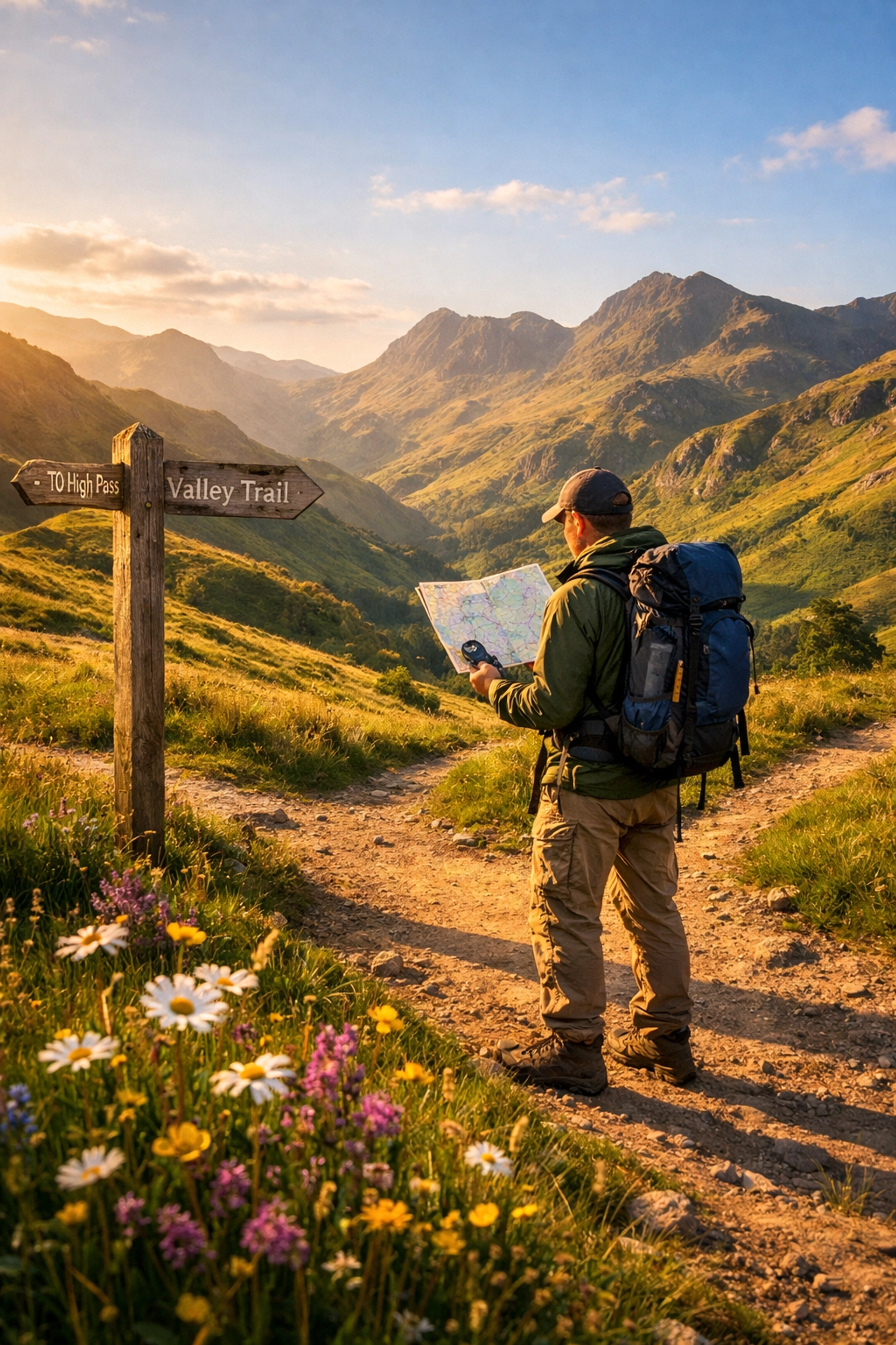 Solo hiker navigating self-guided trails in Lake District with map and compass