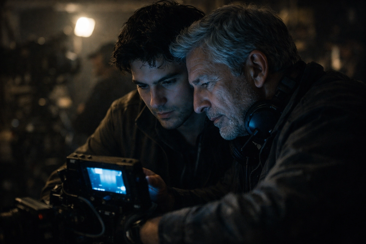 Director and cinematographer share intimate moment reviewing footage on film set - MM romance