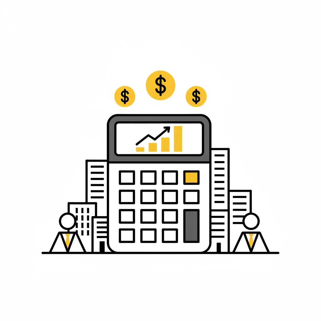 Calculator with rising graph on screen, surrounded by city buildings and two people icons. Three yellow dollar signs above, white background.
