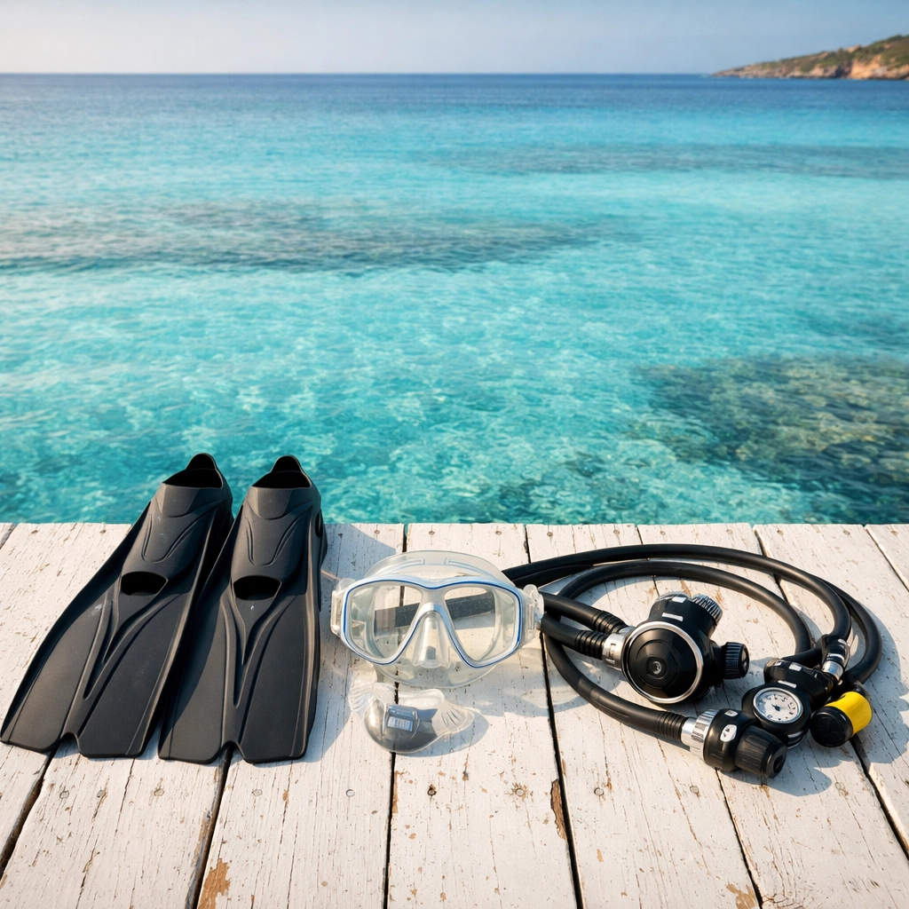 Scuba diving gear neatly arranged on a white pier overlooking the turquoise waters of a Curaçao dive site.