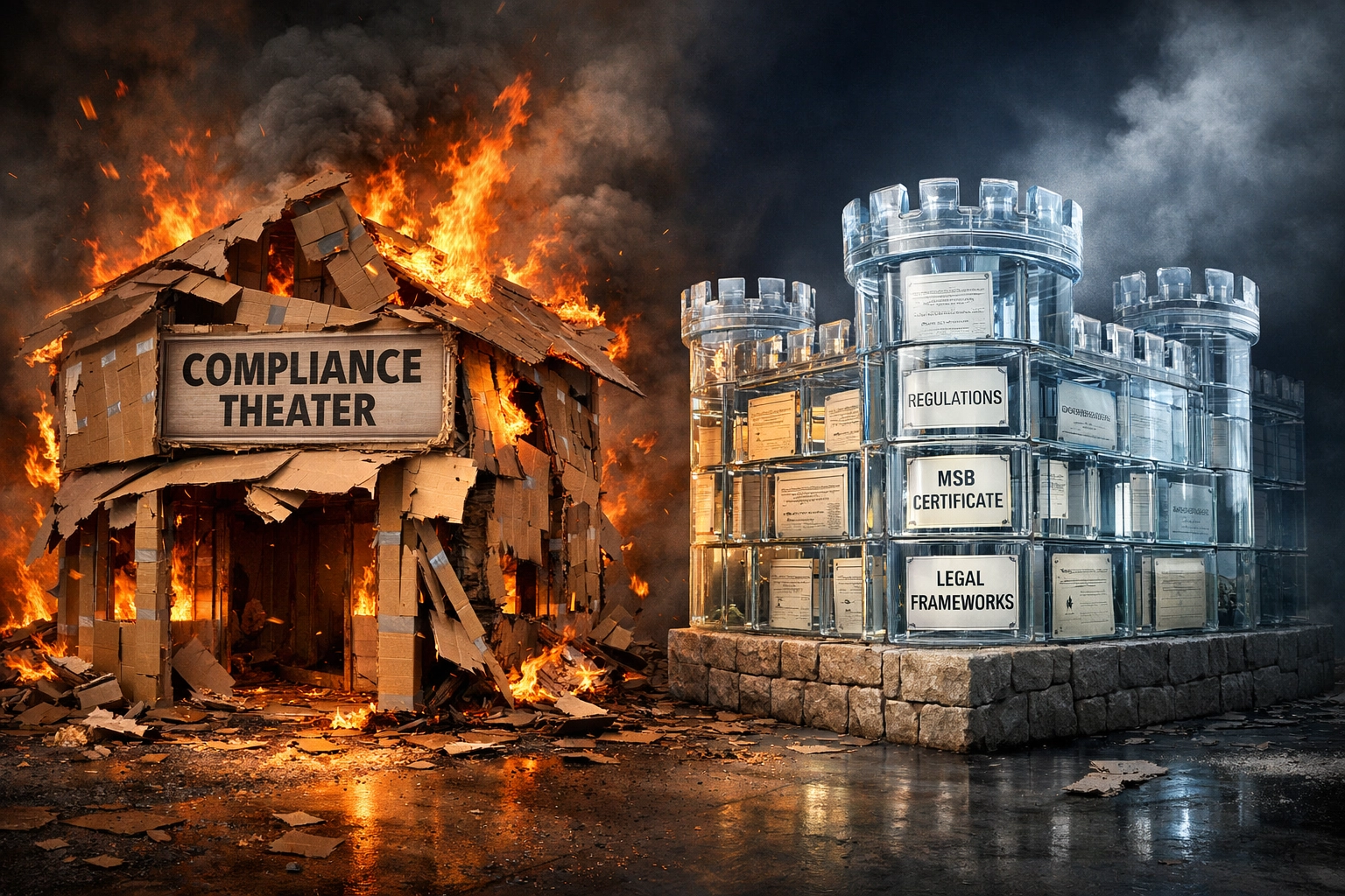 Strong crypto regulatory compliance framework vs weak compliance theater in payment processing industry