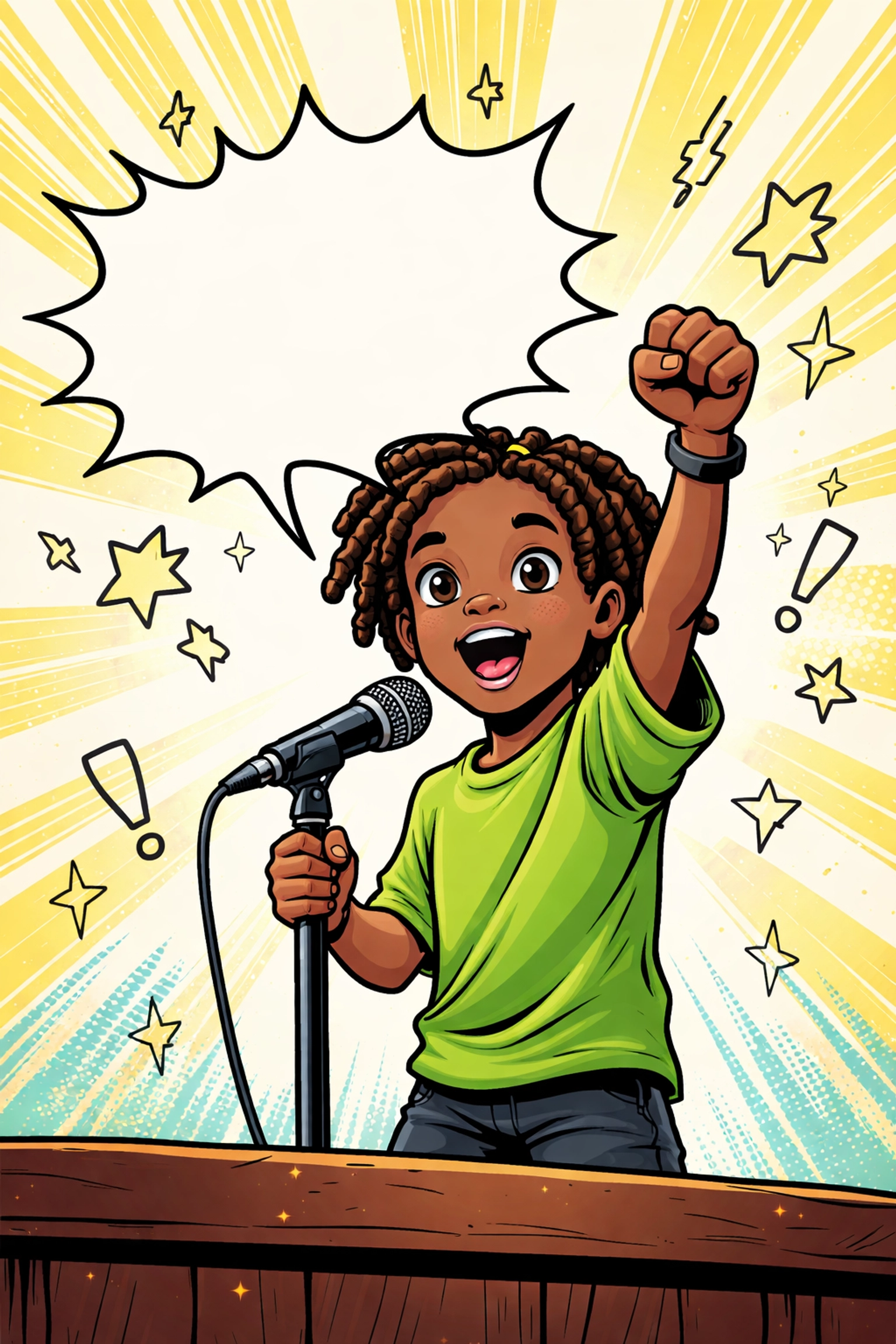 Afrocentric comic illustration of a young Black boy with locs confidently speaking about erudition on stage, inspiring literacy.