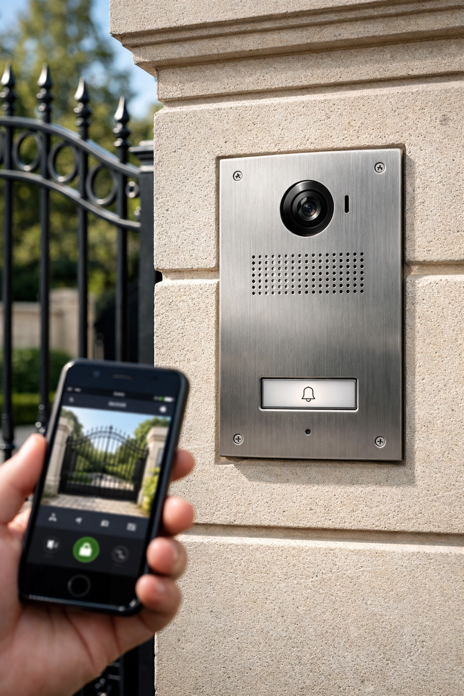 Smart video intercom on a stone pillar with smartphone access for a luxury automated gate in London.