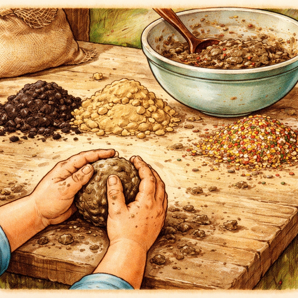 Child's hands forming a clay seed bomb with compost and wildflower seeds for a DIY backyard butterfly garden.