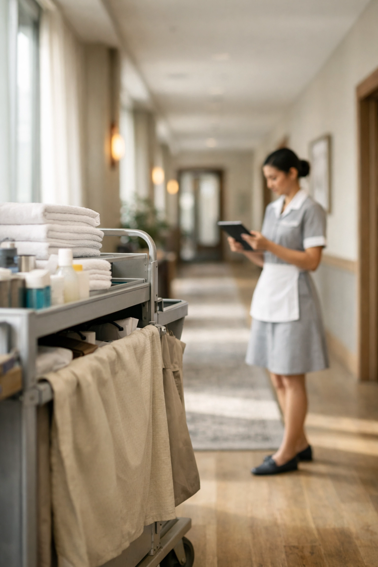 Hotel housekeeping staff using mobile tablet for automated task management