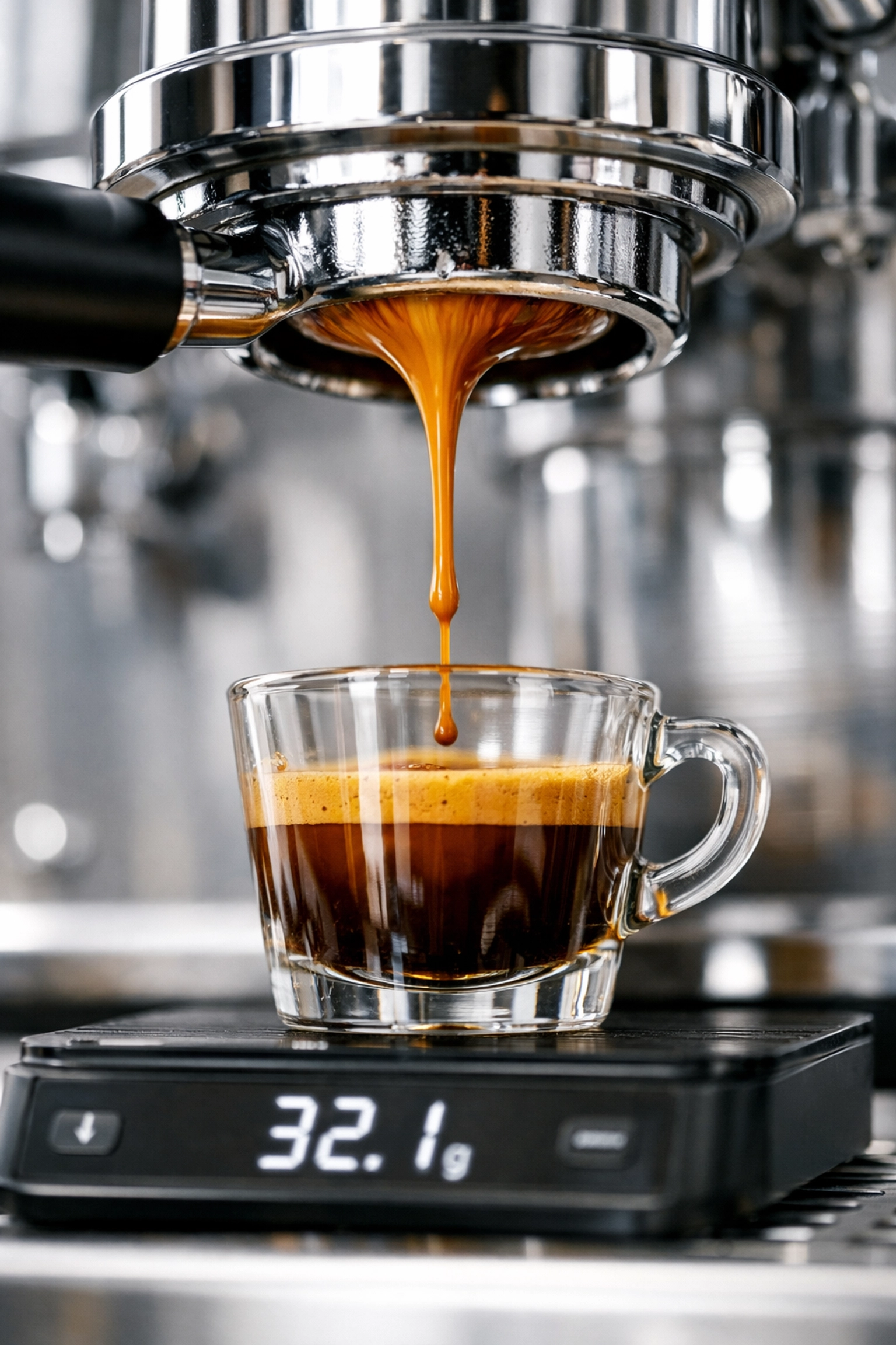 Precise espresso extraction with rich crema from a professional wholesale coffee machine.