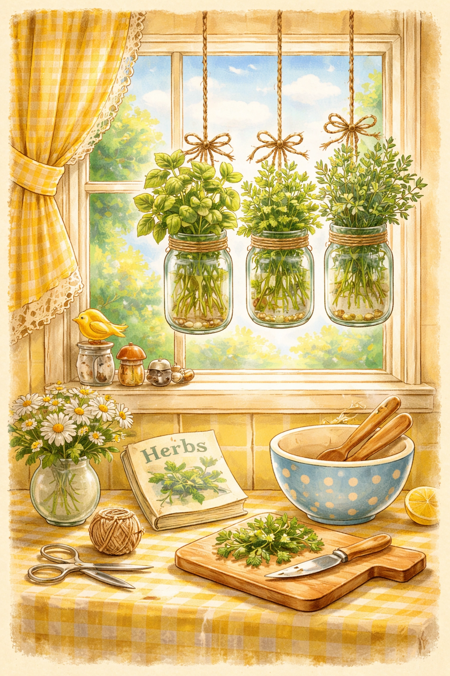 Cozy kitchen corner with three mason jars hanging by twine, each growing fresh herbs by a sunny window