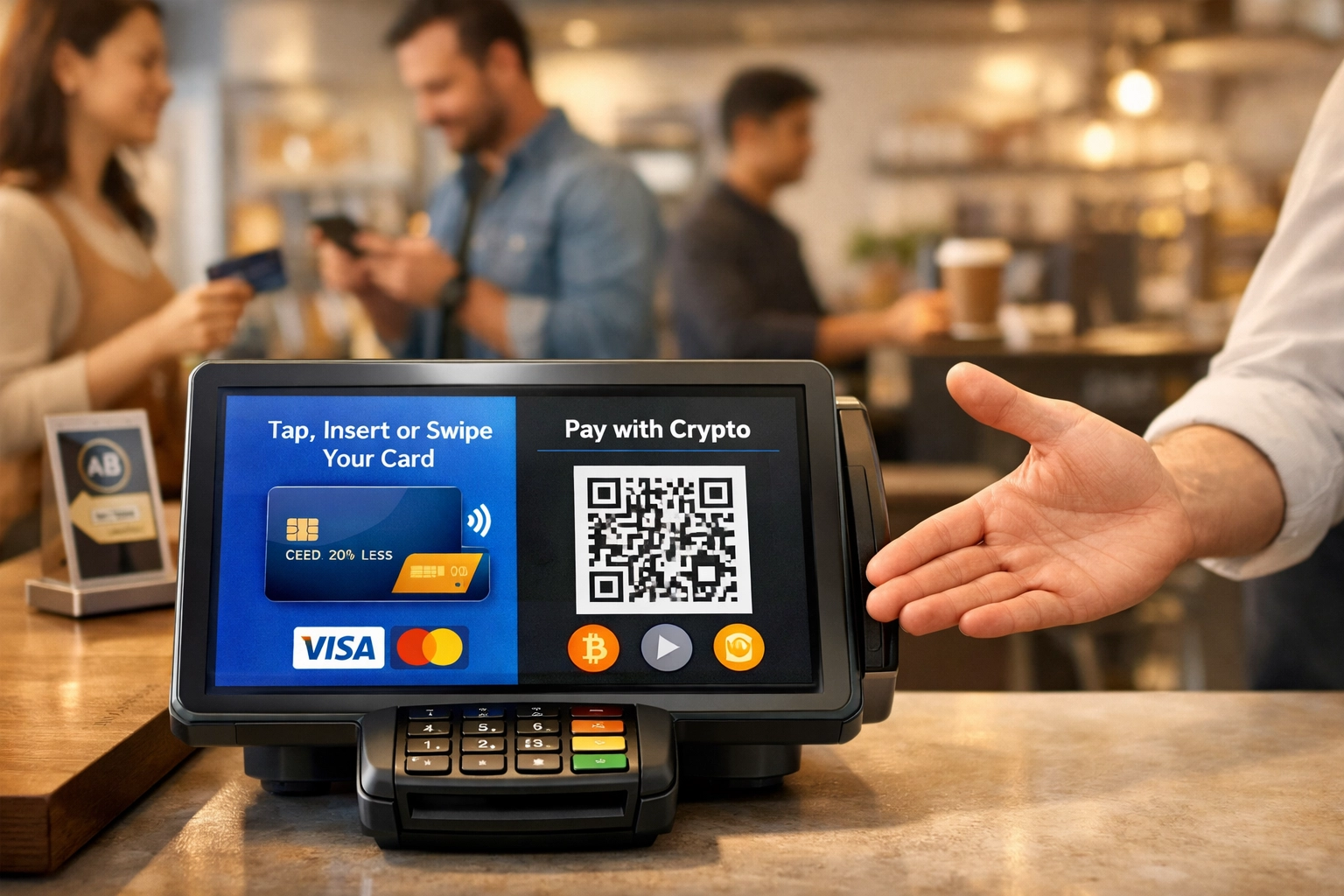 Crypto POS terminal accepting both traditional card payments and Web3 cryptocurrency payments