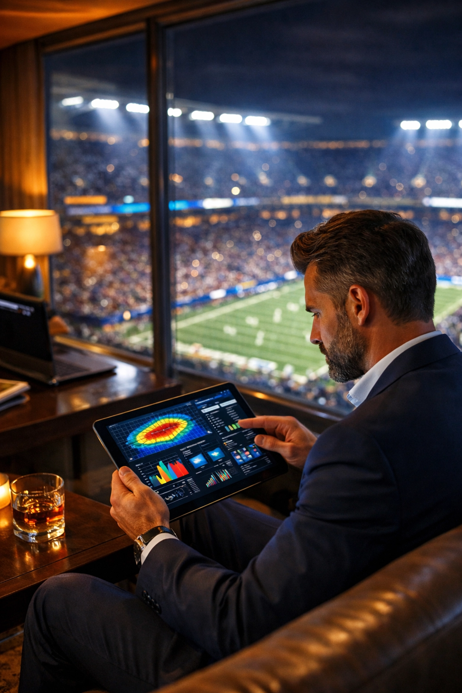 Media strategist analyzing sports campaign data on a tablet inside a high-end stadium suite.