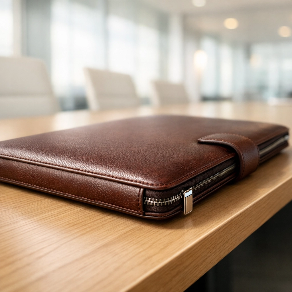 A professional leather portfolio on a desk symbolizing the gating of sensitive business data.