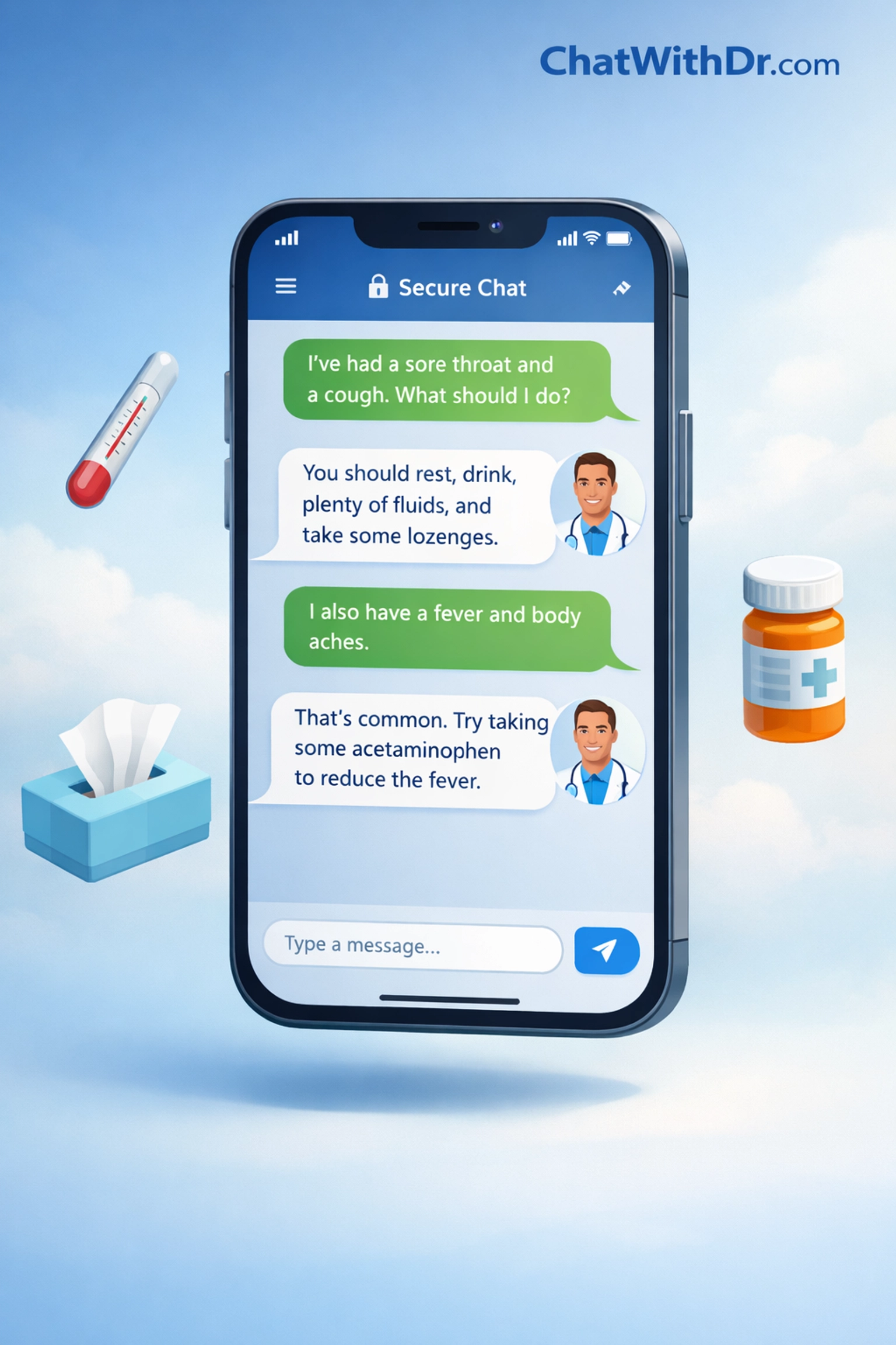 Smartphone displaying secure medical chat for describing strep throat, pink eye, and sinus symptoms to online doctor