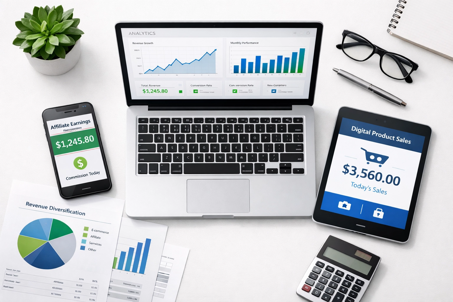 Multiple revenue streams dashboard showing affiliate marketing and digital product sales - Simon Leung