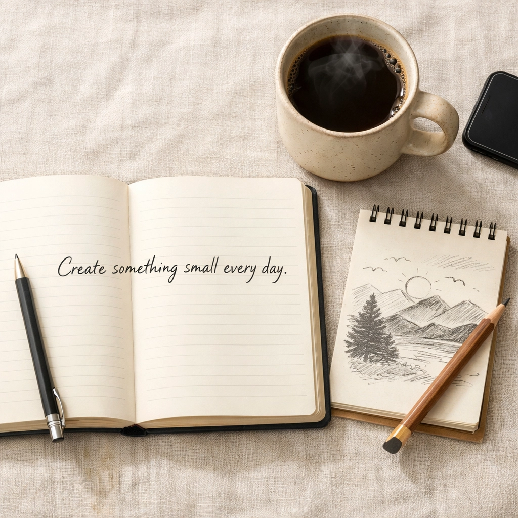 Journal and coffee on desk with phone pushed aside showing creative alternatives to scrolling