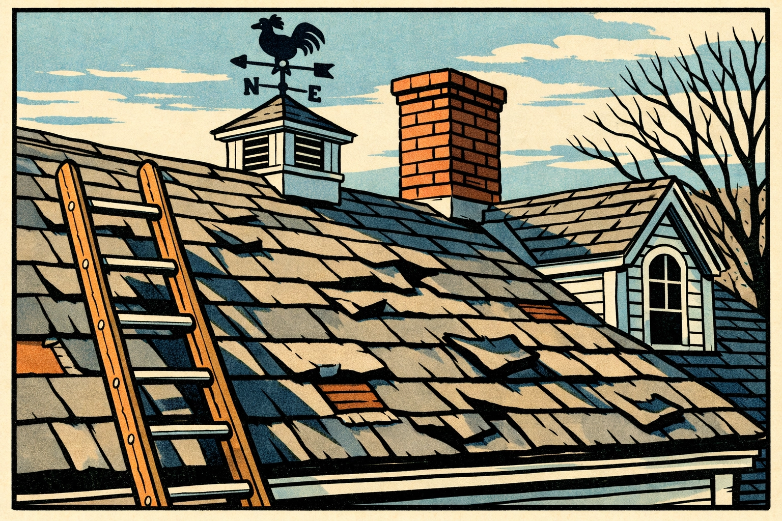 Damaged roof shingles on NH home needing spring inspection and repair