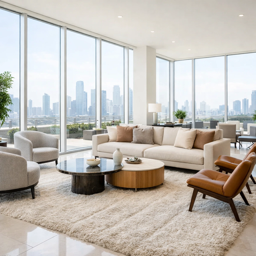 Professionally cleaned residential lobby with a high-pile rug and city skyline views in Indianapolis.