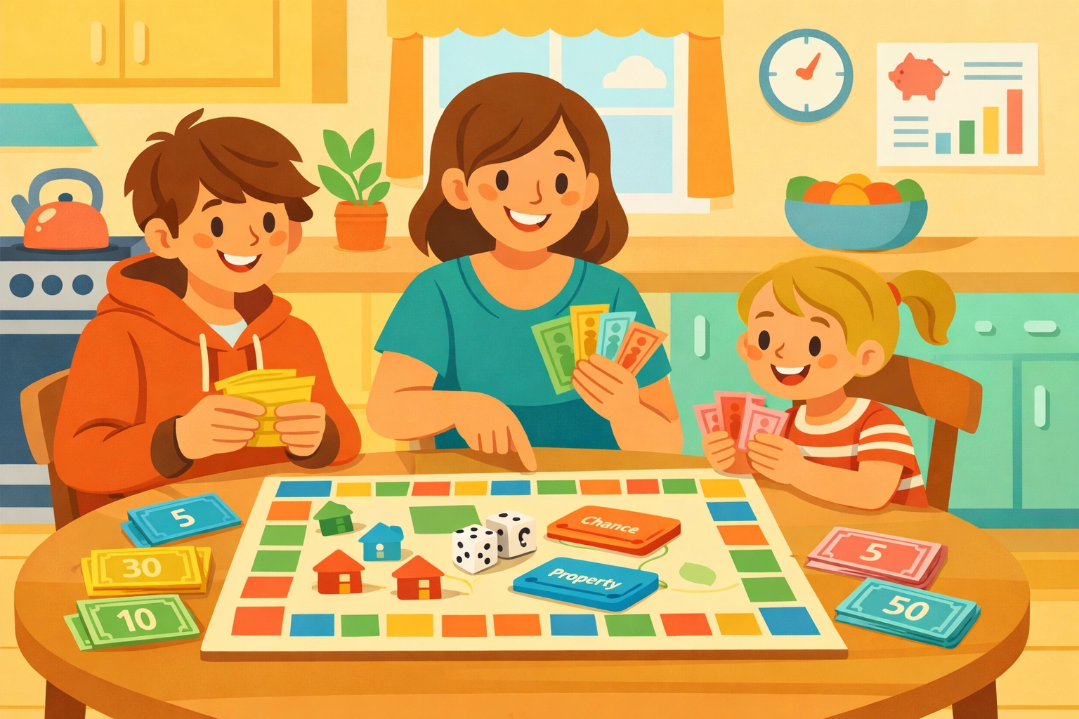Mother teaching children financial literacy using money game at kitchen table