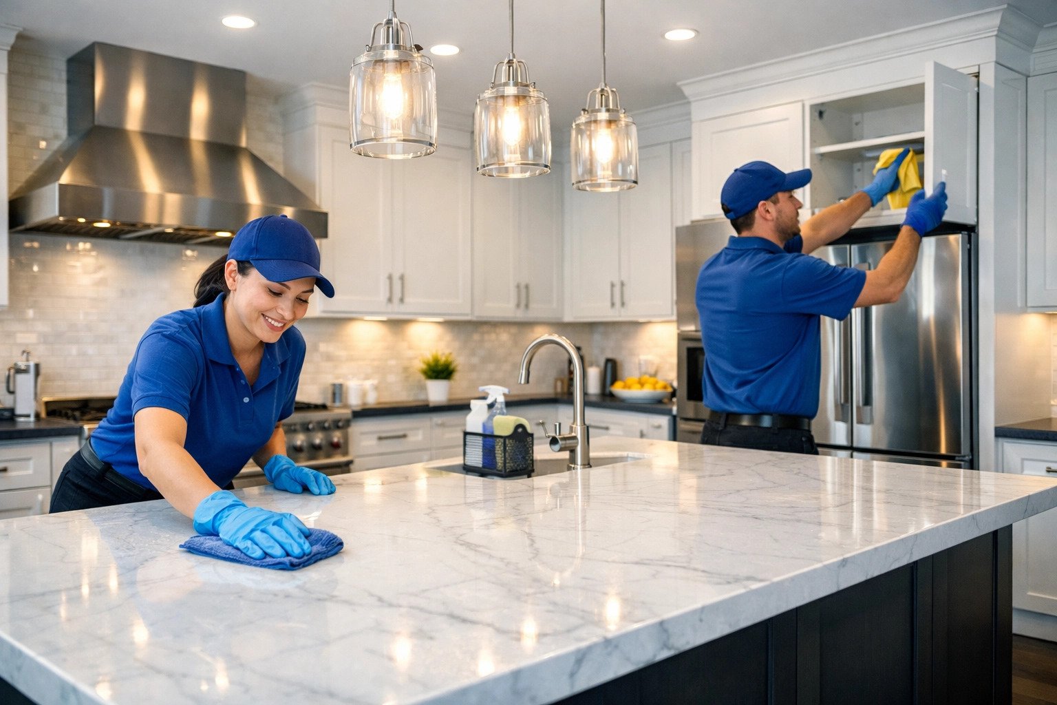 The Cleaning Ninjas team deep cleaning a luxury kitchen and marble counters for post construction cleaning Littleton.