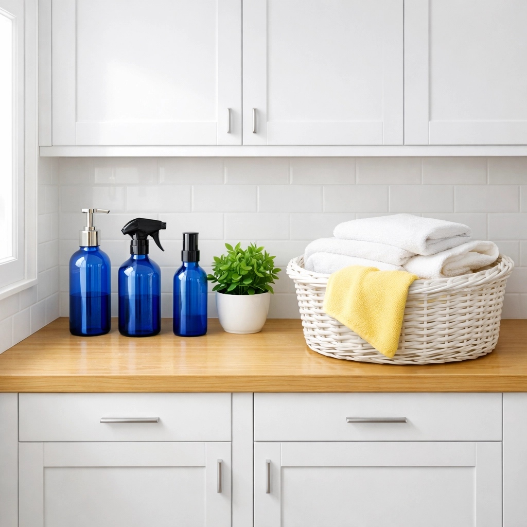 Eco-friendly cleaning supplies in a bright utility room for recurring house cleaning Shirley MA visits.