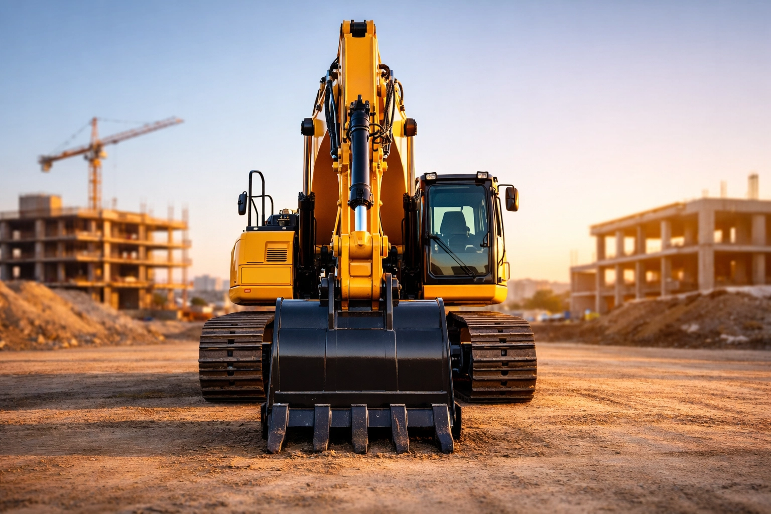 A modern yellow excavator on a construction site illustrating equipment financing for construction companies.