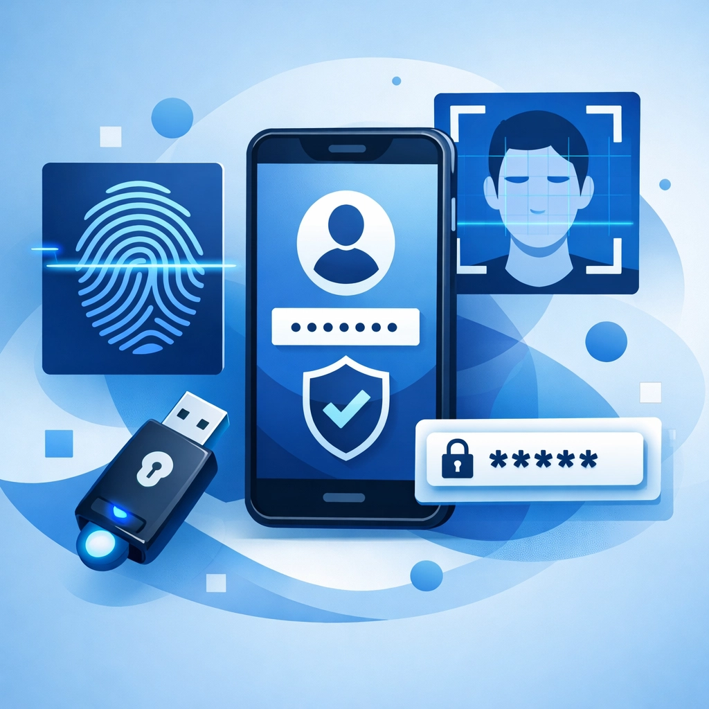 Modern biometric security methods and hardware tokens for passwordless login authentication.