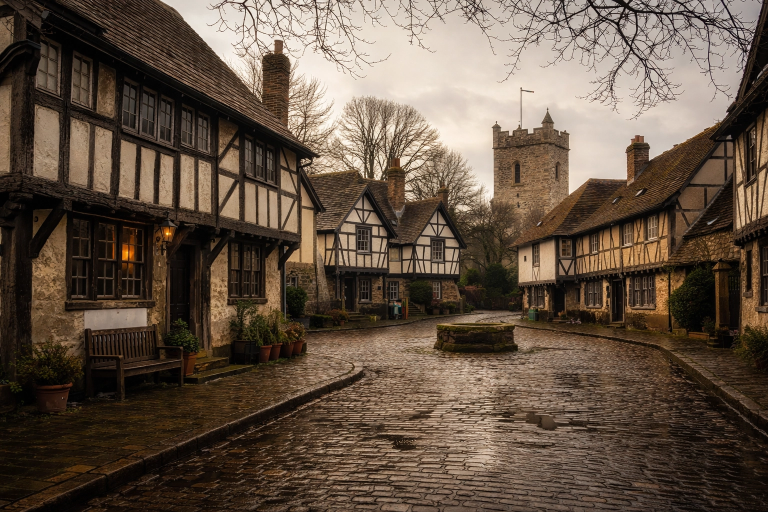 Chilham village square in Kent with half-timbered buildings and a historic church
