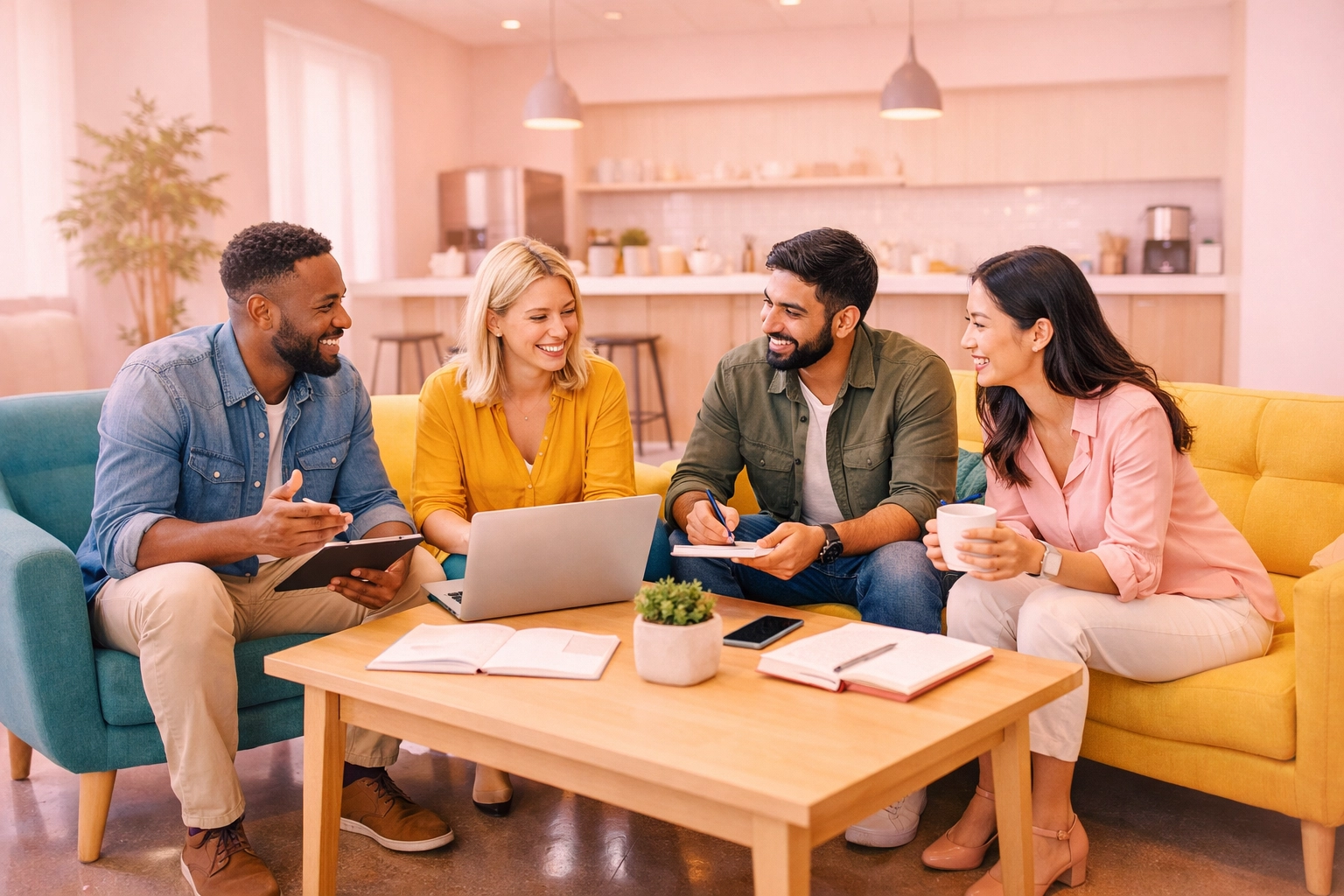 A diverse team working together in a bright, professionally cleaned office lounge to boost morale.