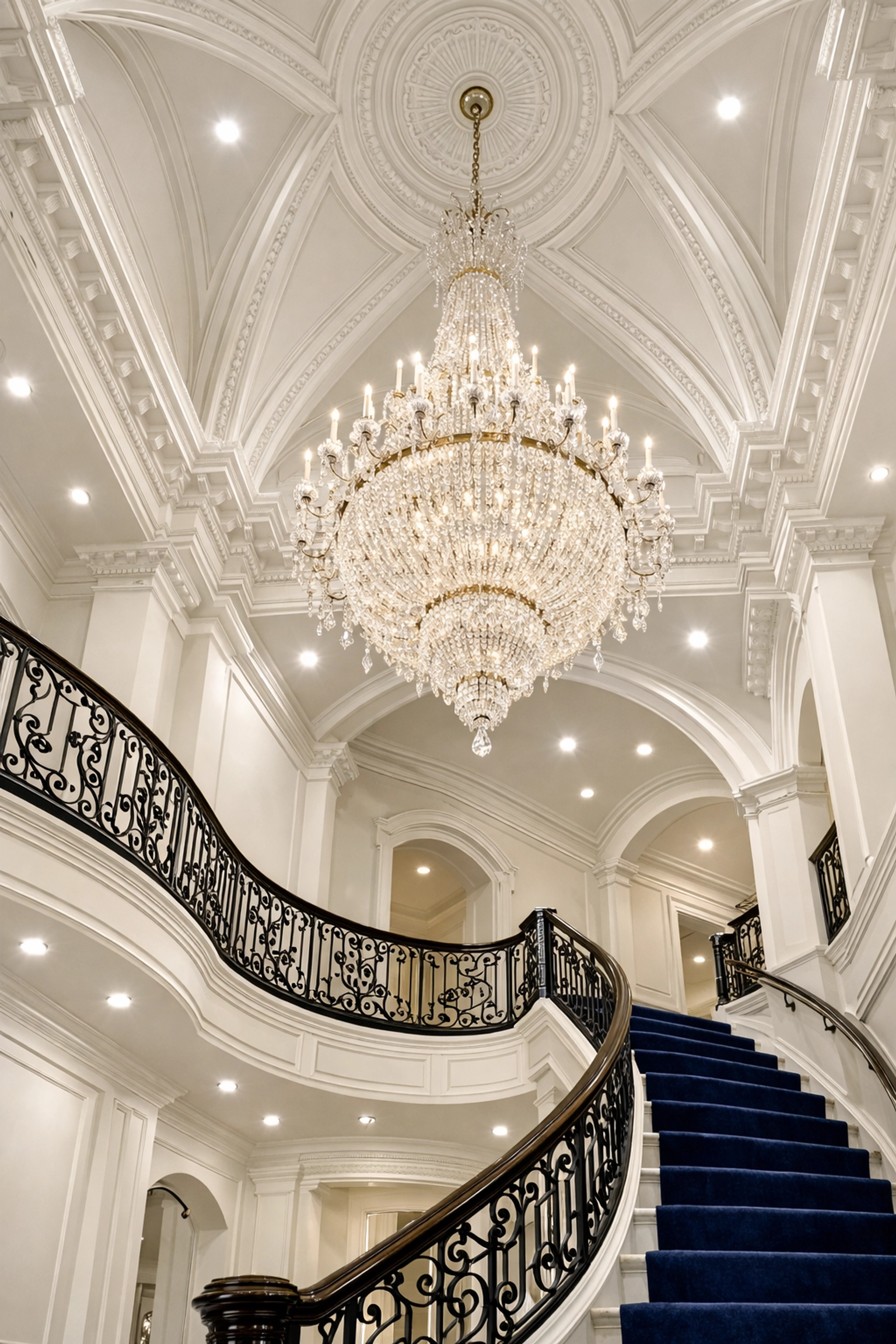 Dust-free high-ceiling foyer and crystal chandelier showcasing luxury cleaning in Westwood.