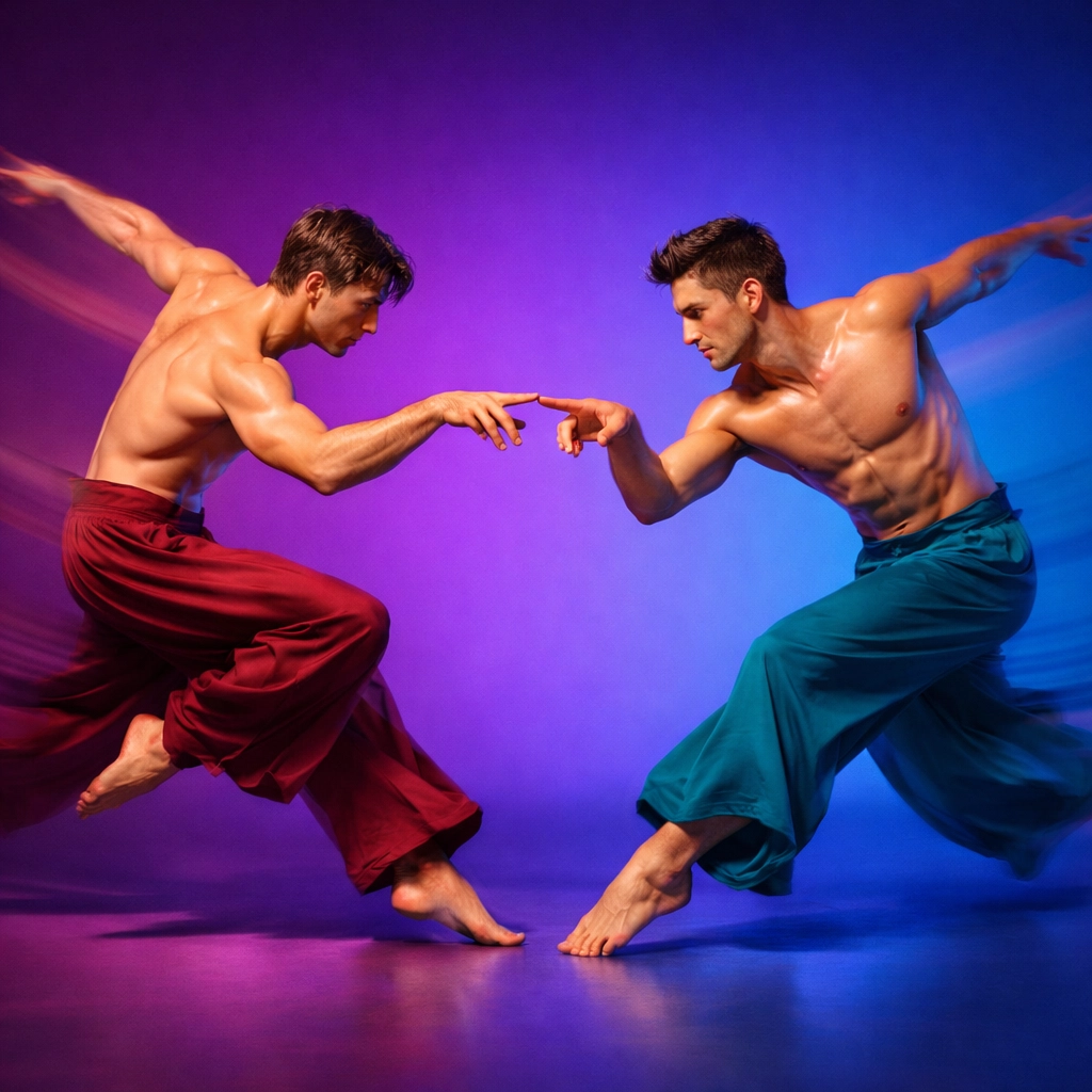 Male modern dancers reaching toward each other in passionate contemporary dance
