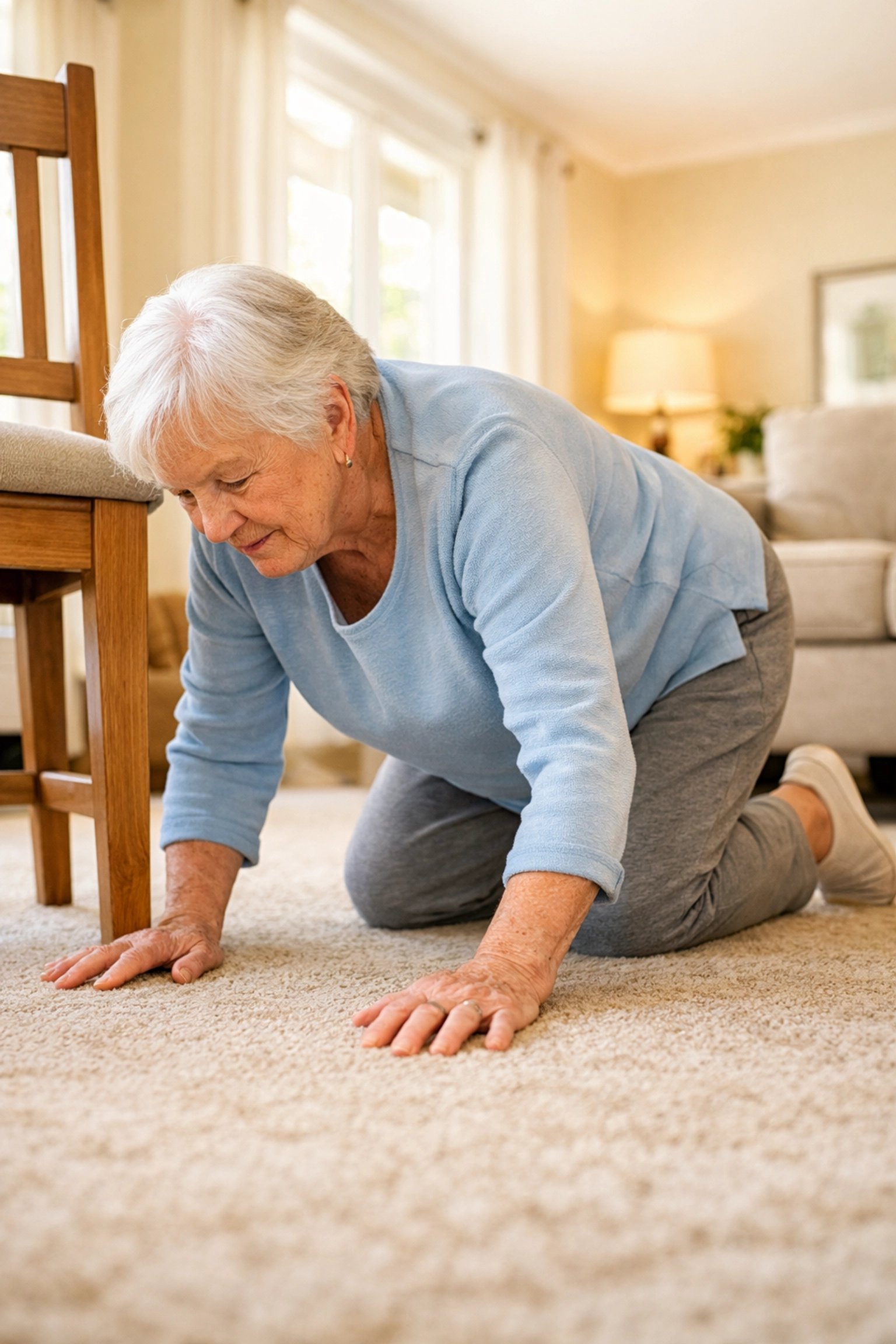Elderly person on hands and knees crawling toward sturdy chair to get up after fall