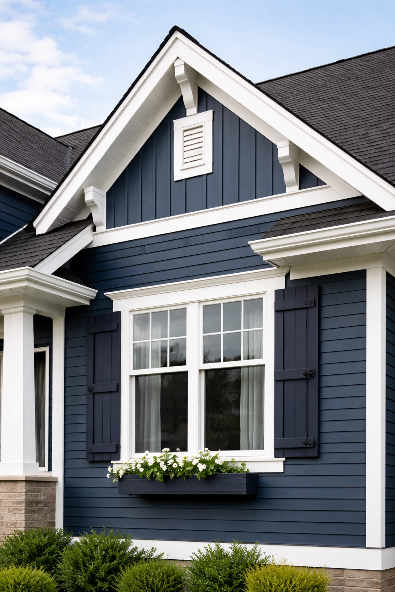 Contemporary two-tone exterior with midnight blue siding and white trim highlighting architectural features