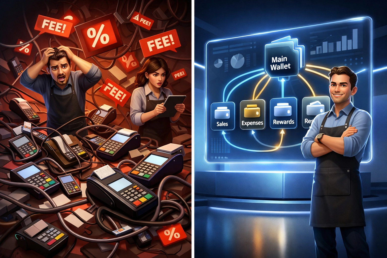 Master wallet dashboard managing multiple sub-wallets for streamlined merchant crypto operations