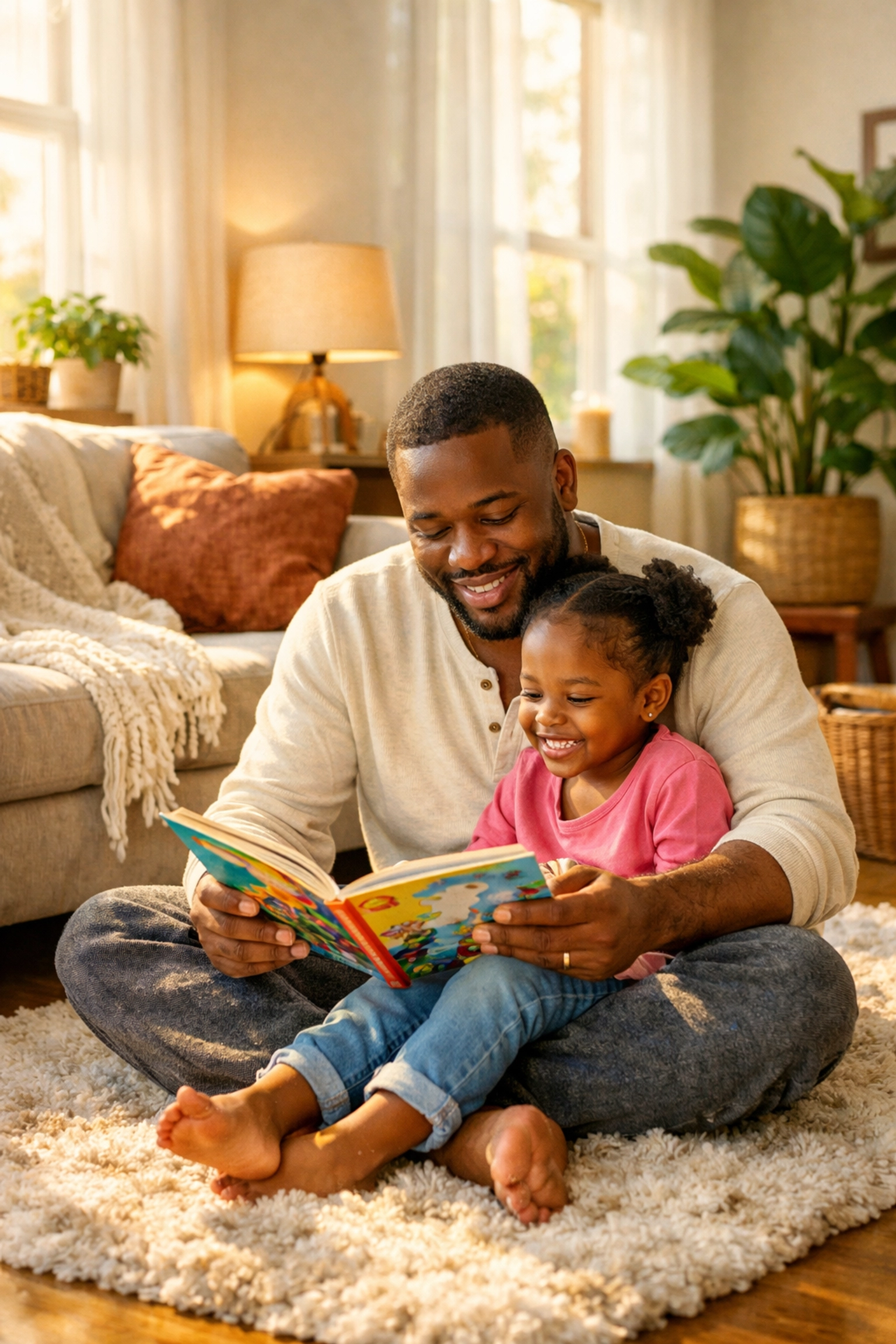 A Black father and daughter reading together after crisis counseling in New Jersey restored their peace of mind.