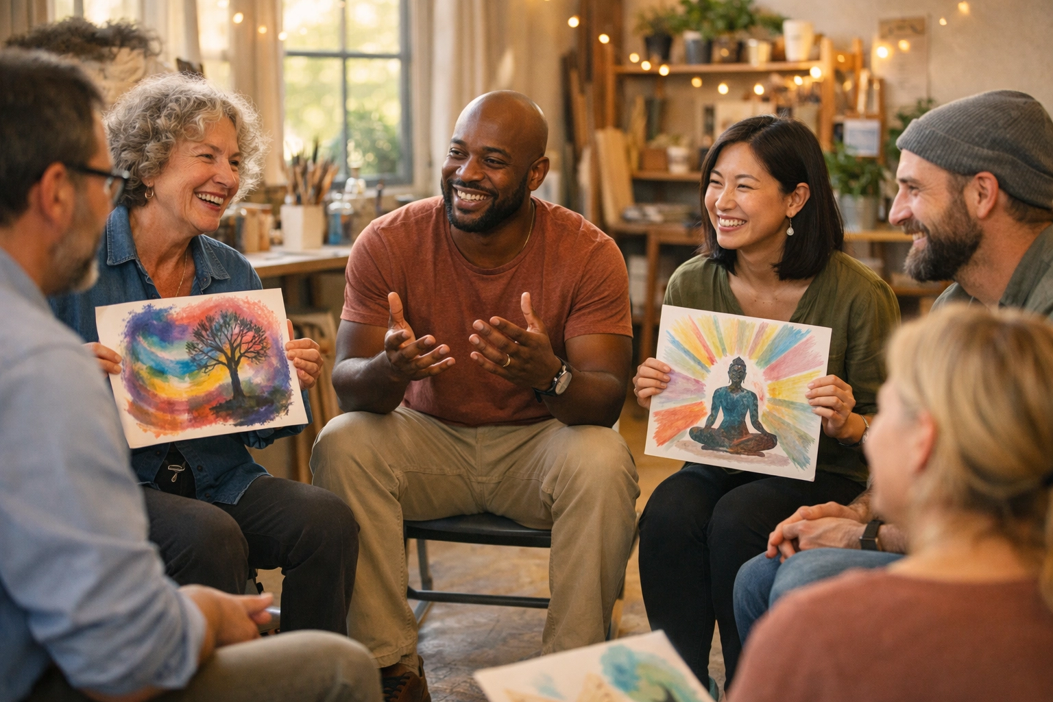 Corporate team sharing reflections in creative wellness workshop fostering psychological safety