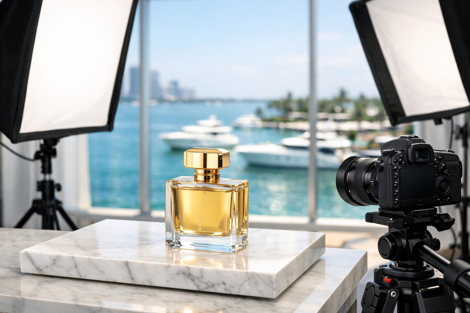 Professional product photography setup in a high-end Miami commercial photography studio.