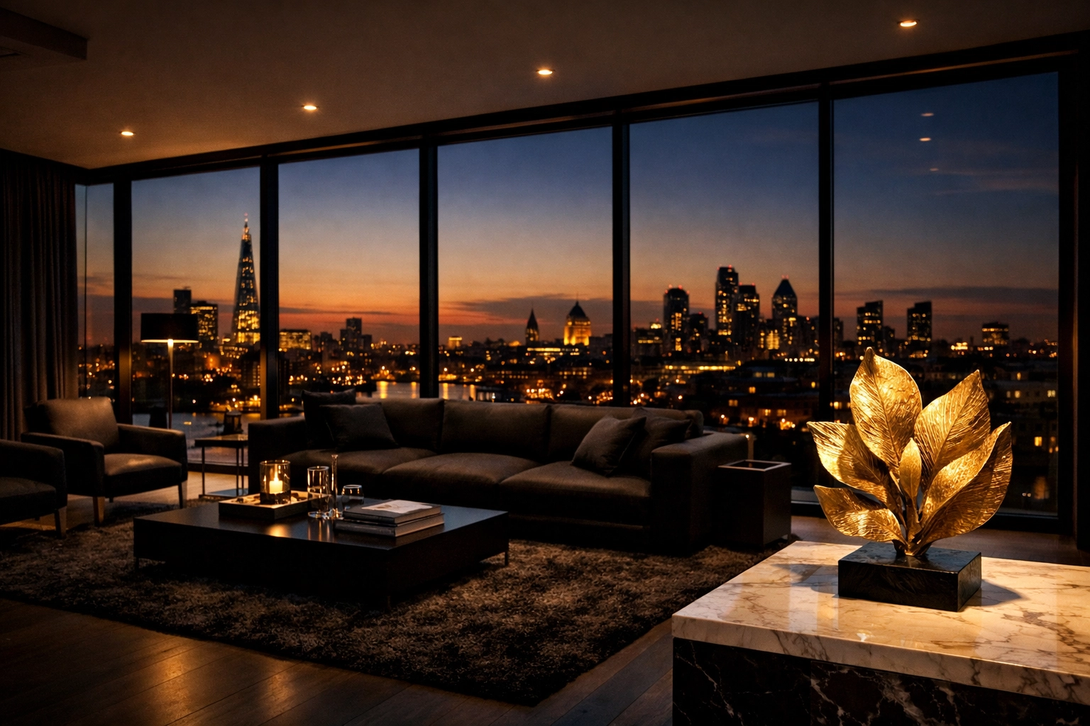 A luxury London penthouse interior overlooking the skyline, representing the premium rental market.