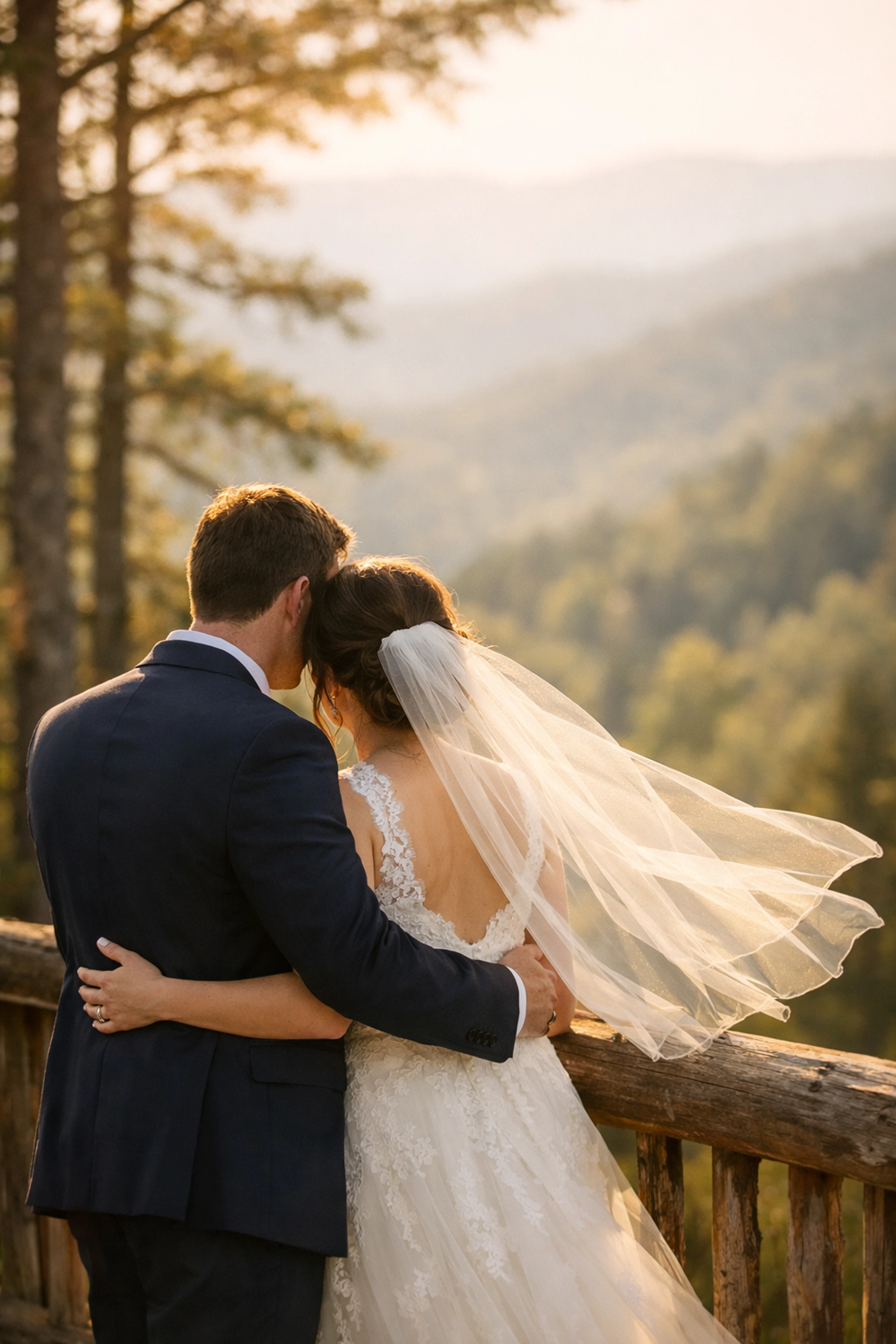 Bride and groom intimate moment overlooking Pocono Mountains destination wedding vista