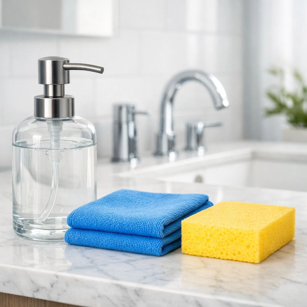 Gentle cleaning supplies on a marble bathroom vanity for safe eco-friendly stone care.