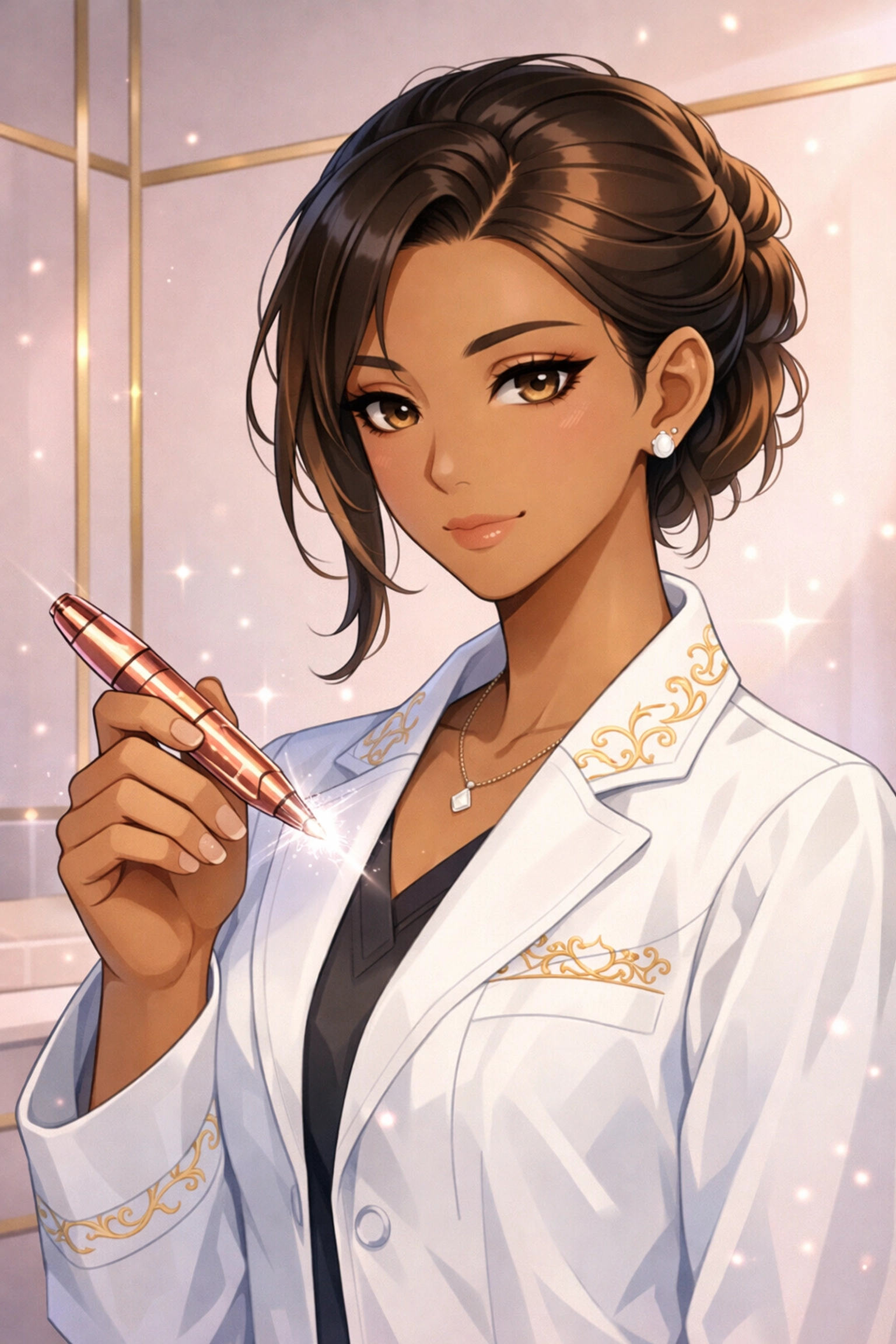 A nurse practitioner using a precision nano brow machine for medical-grade permanent makeup in a luxury studio.