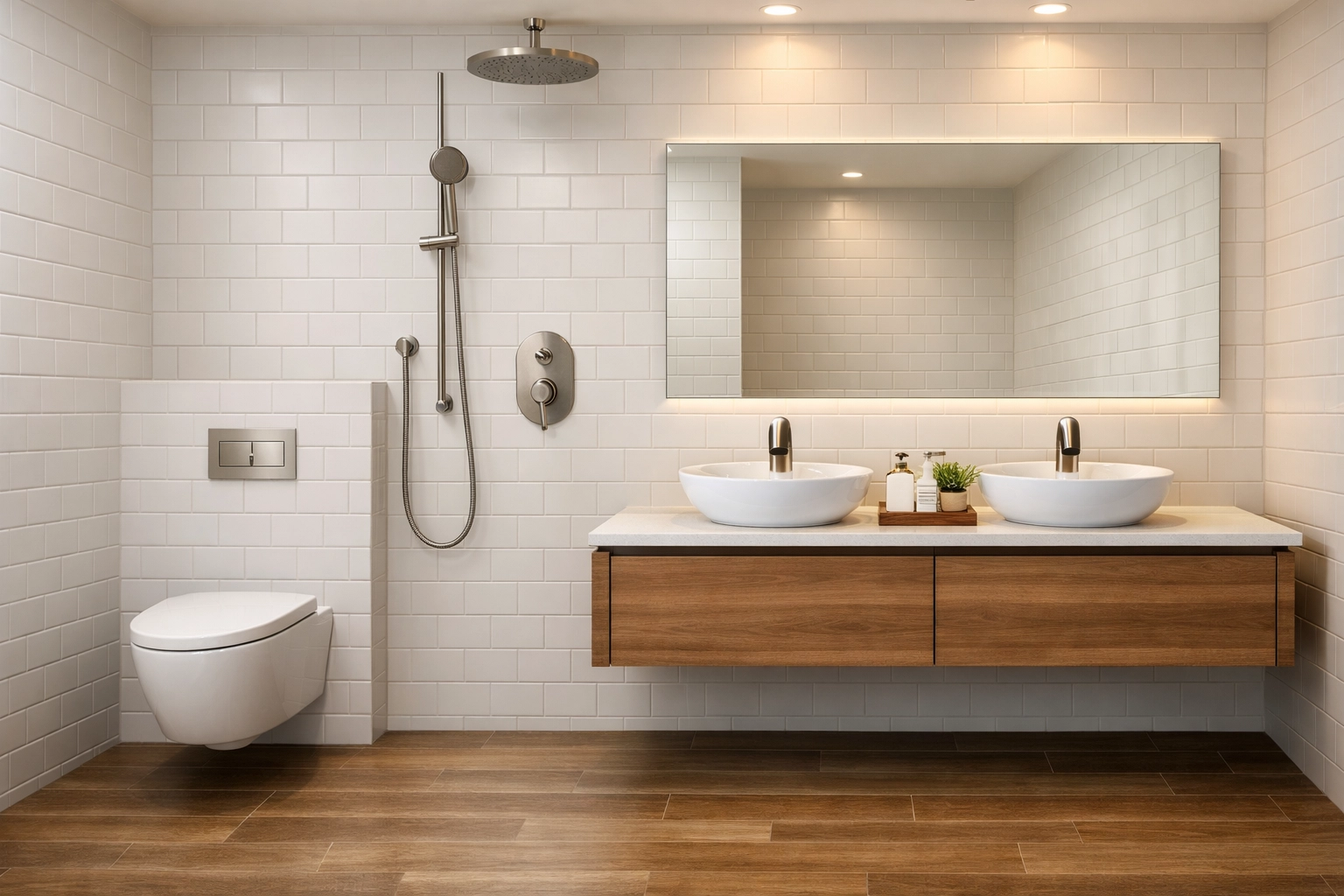 Modern bathroom renovation Orlando with water-efficient fixtures and floating vanity