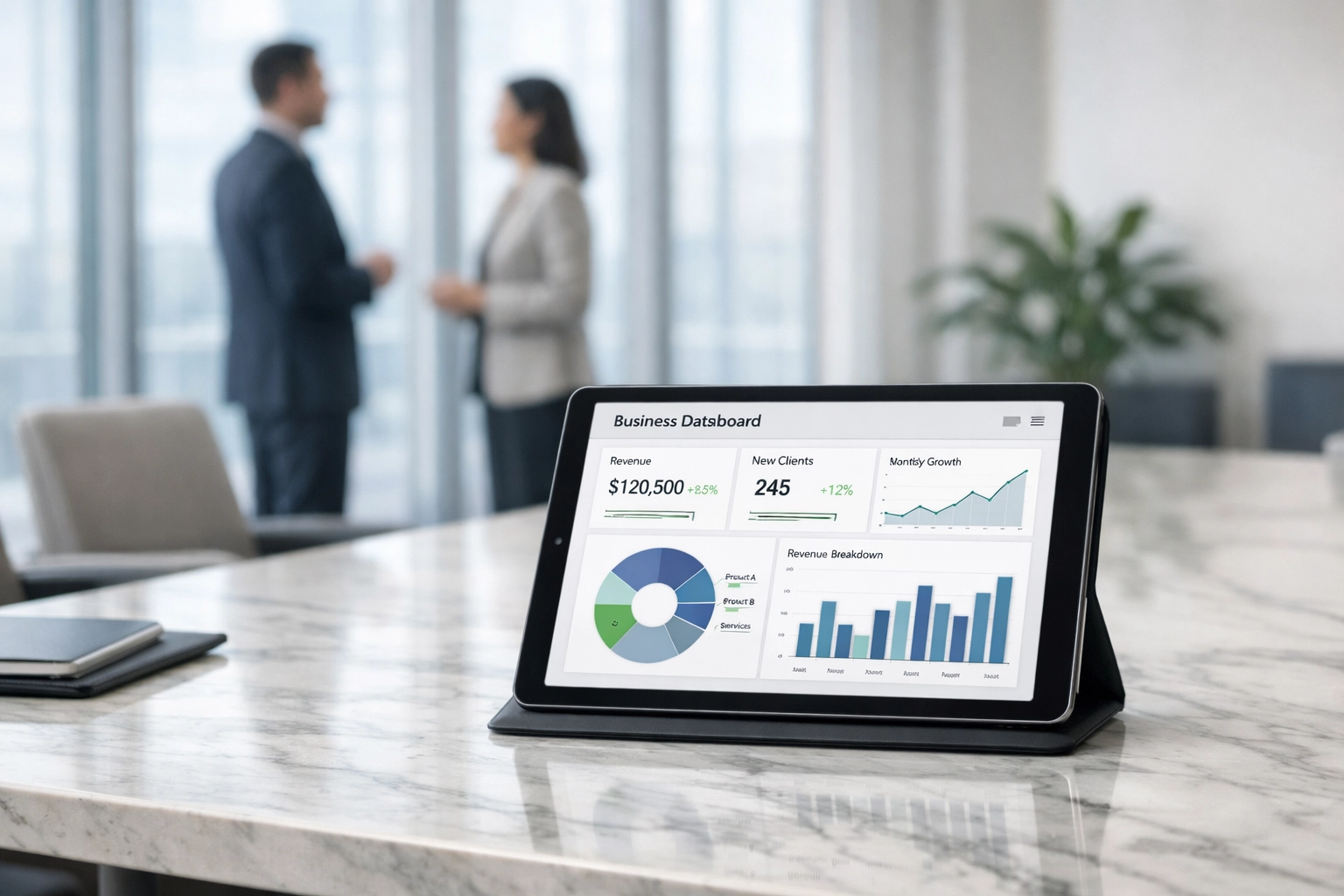 Business growth metrics on a tablet in a boardroom setting, showing preparation for selling a Mississippi company.
